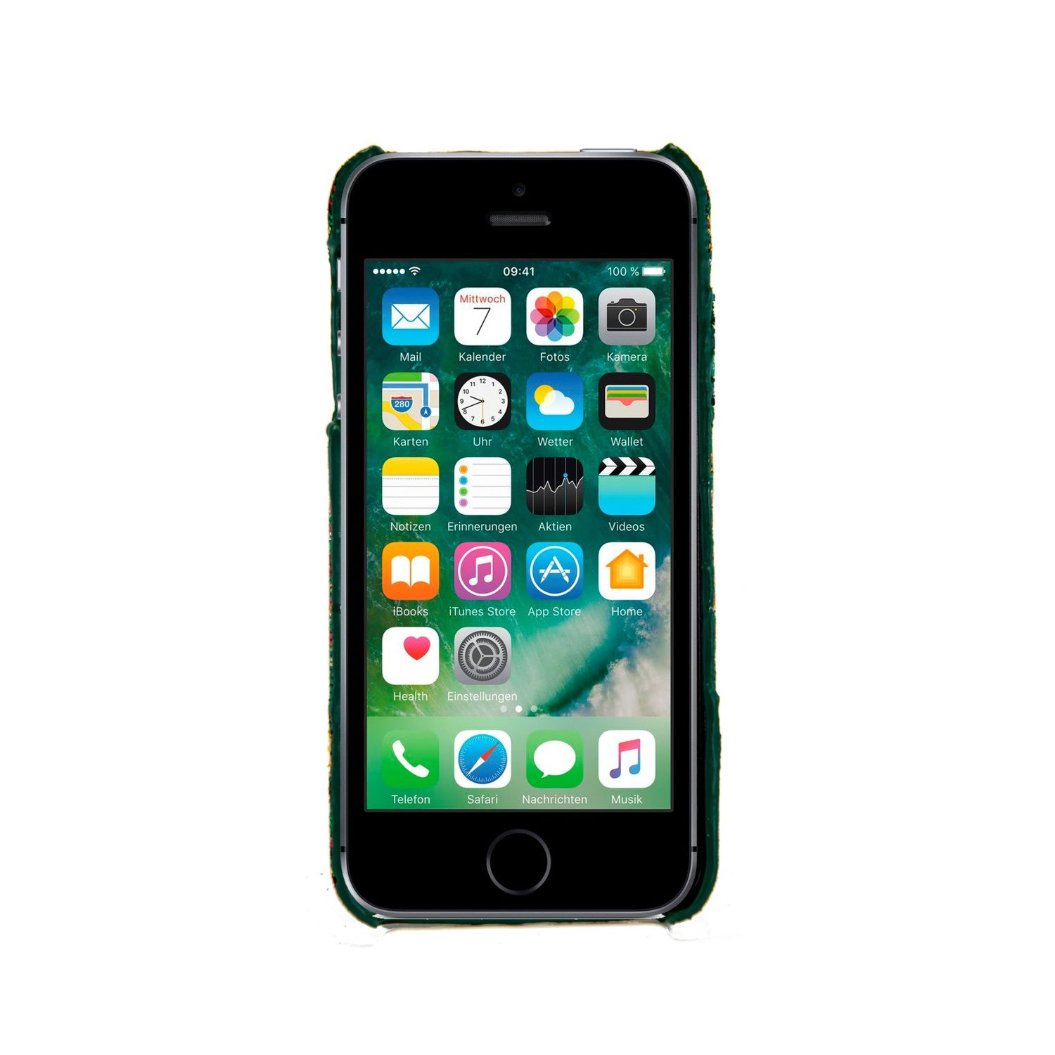 Schwarzes iPhone mit Symbolen auf dem Bildschirm. Grüner Rand. Weißer Hintergrund.