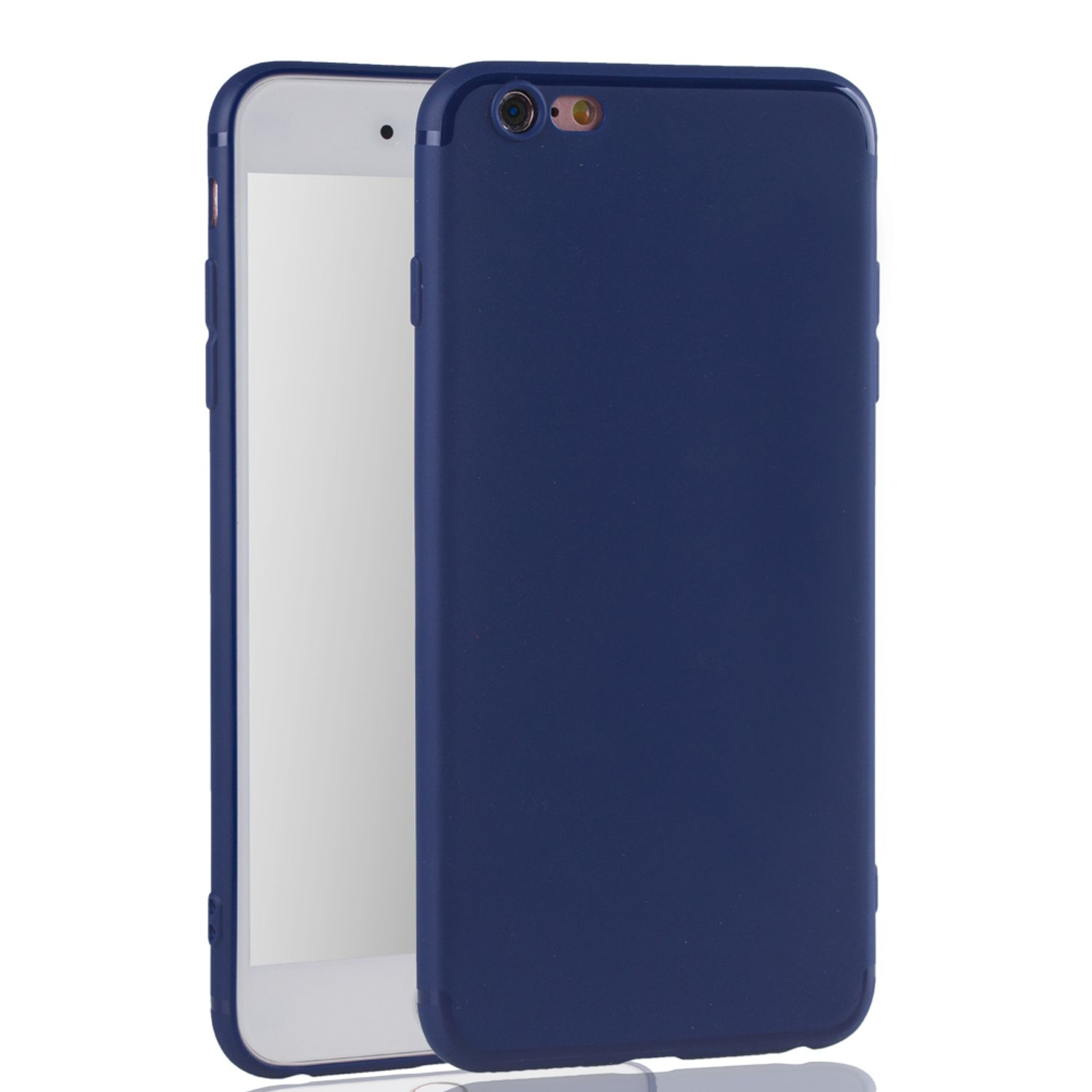 Marineblaue Handyhülle neben einem weißen Telefon.