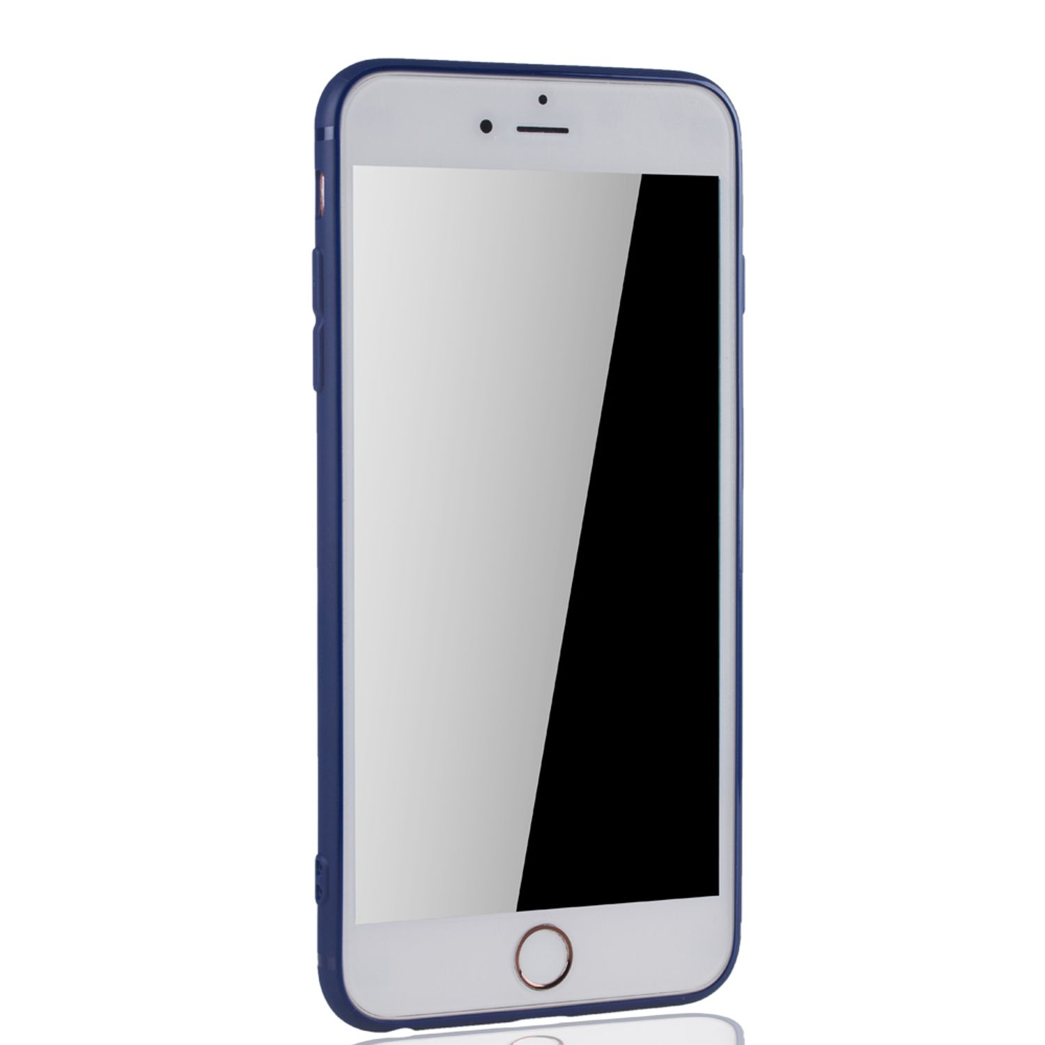 Weißes Smartphone mit dunkelblauer Hülle, schwarzem Bildschirm und weißem Hintergrund.