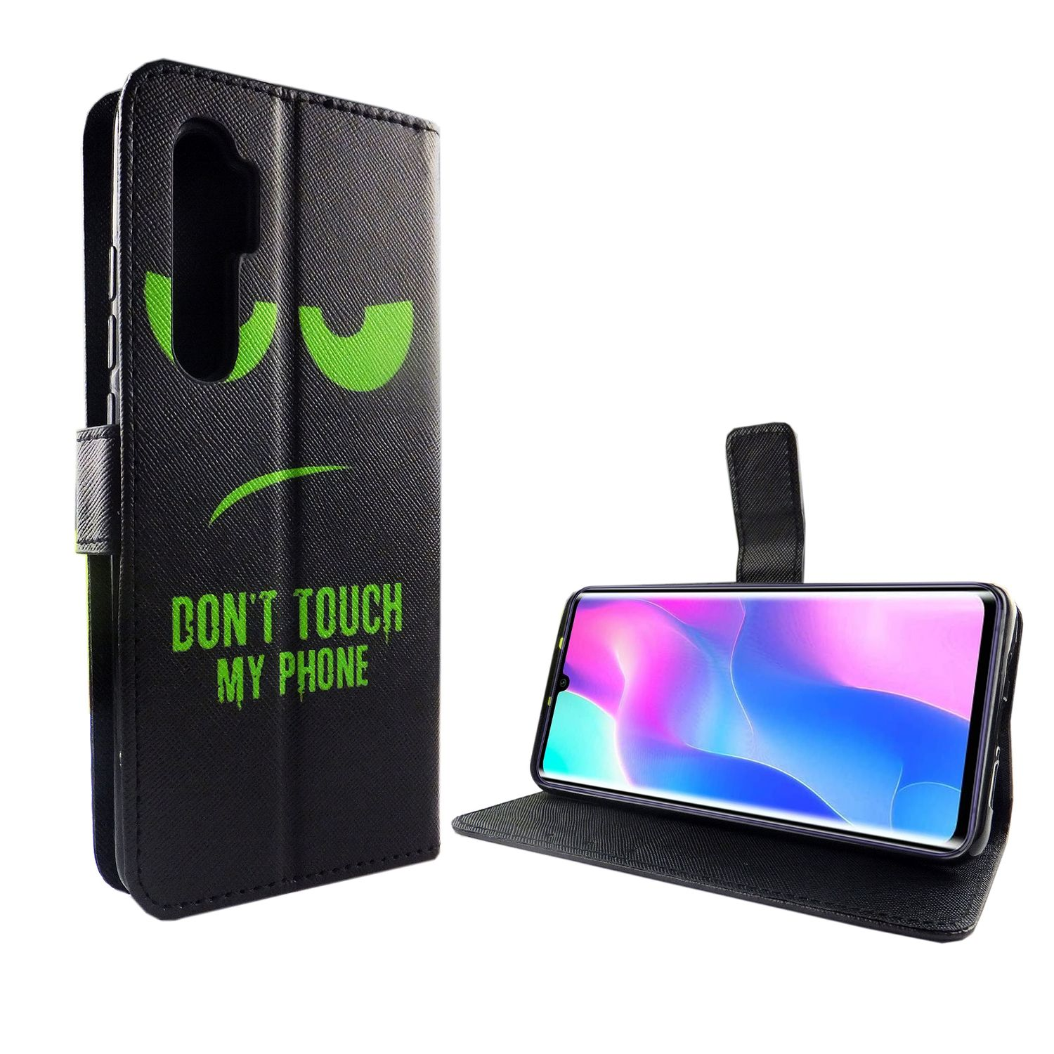 Eine schwarze Handyhülle mit grünem Gesicht und Text sowie ein Telefon.