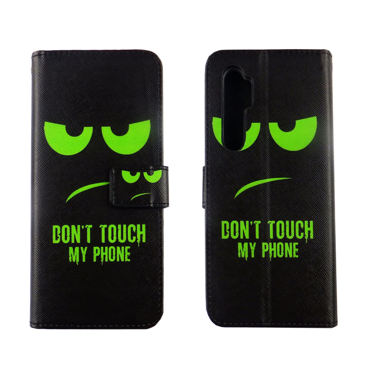 Zwei Handyhüllen mit einem grünen, wütenden Gesicht und dem Text 'DON'T TOUCH MY PHONE'.