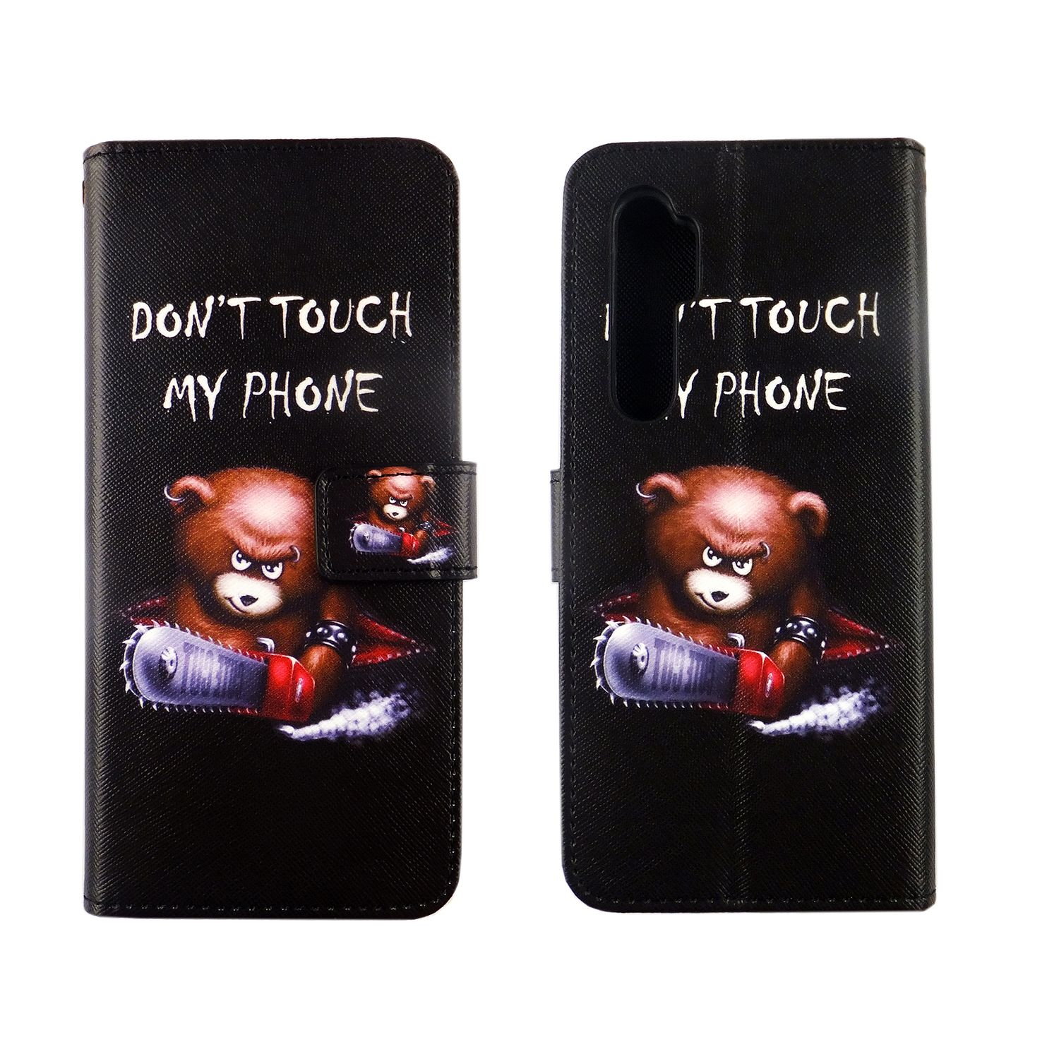 Schwarze Handyhülle mit einem gruseligen Bären mit Kettensäge. Text: Nicht mein Handy anfassen.