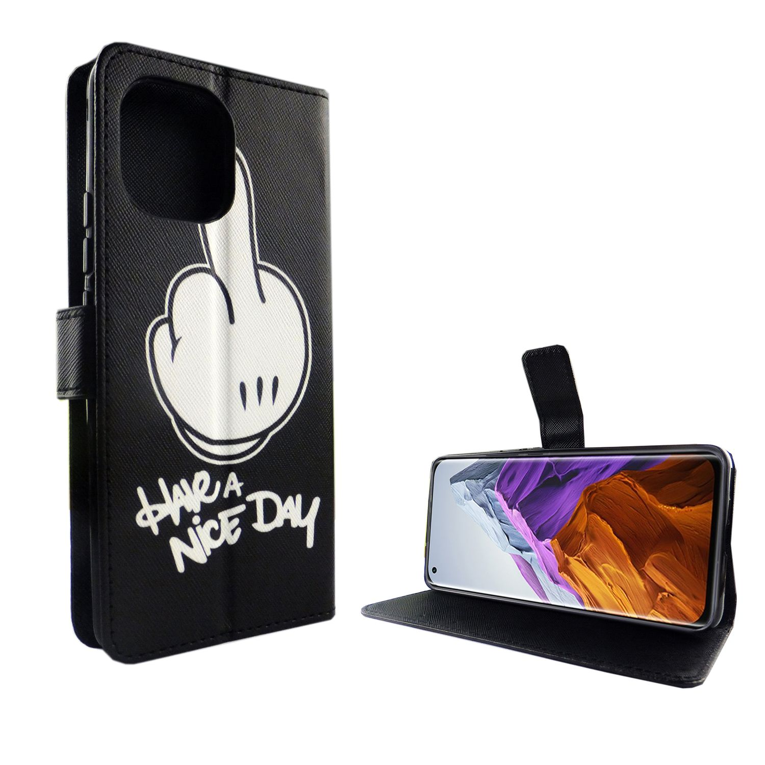 Schwarze Handyhülle mit Mickey Mouse Handbewegung. Geöffnete Hülle zeigt ein Telefon mit farbenfrohem Display.