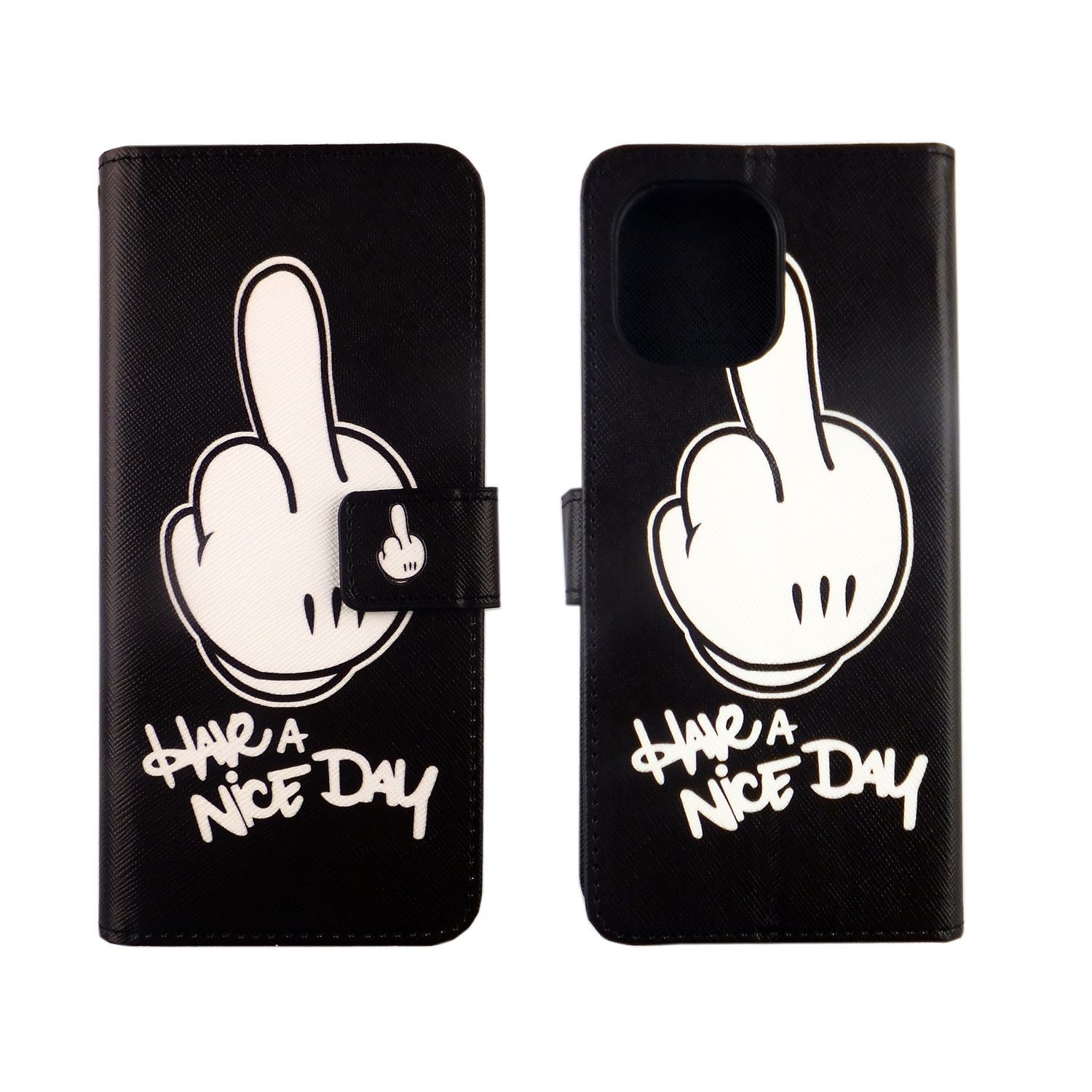 Schwarze Handyhülle mit weißem Handgesten-Design. Die Worte 'Have a nice day' sind geschrieben.