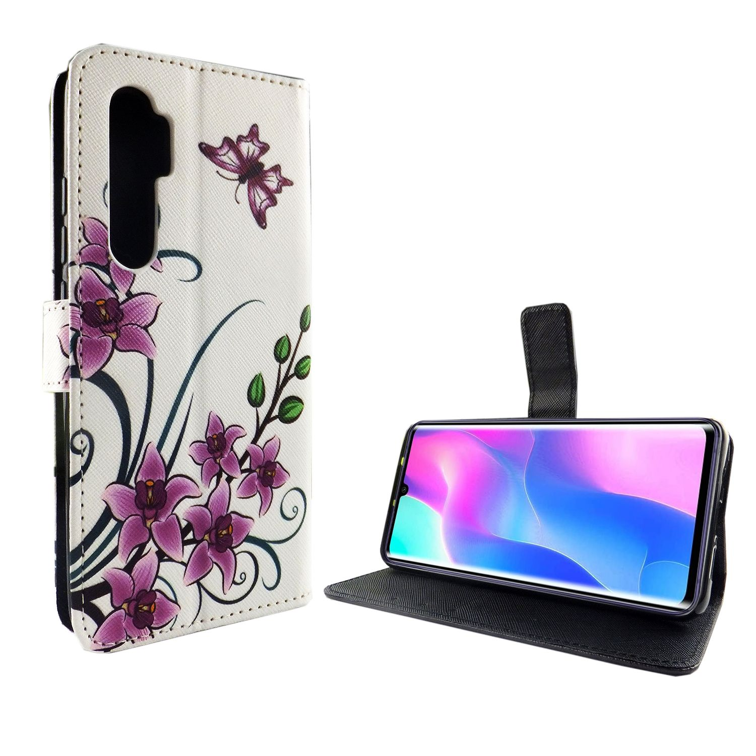 Handyhülle mit Blumen und Schmetterling, mit Telefon auf weißem Hintergrund.