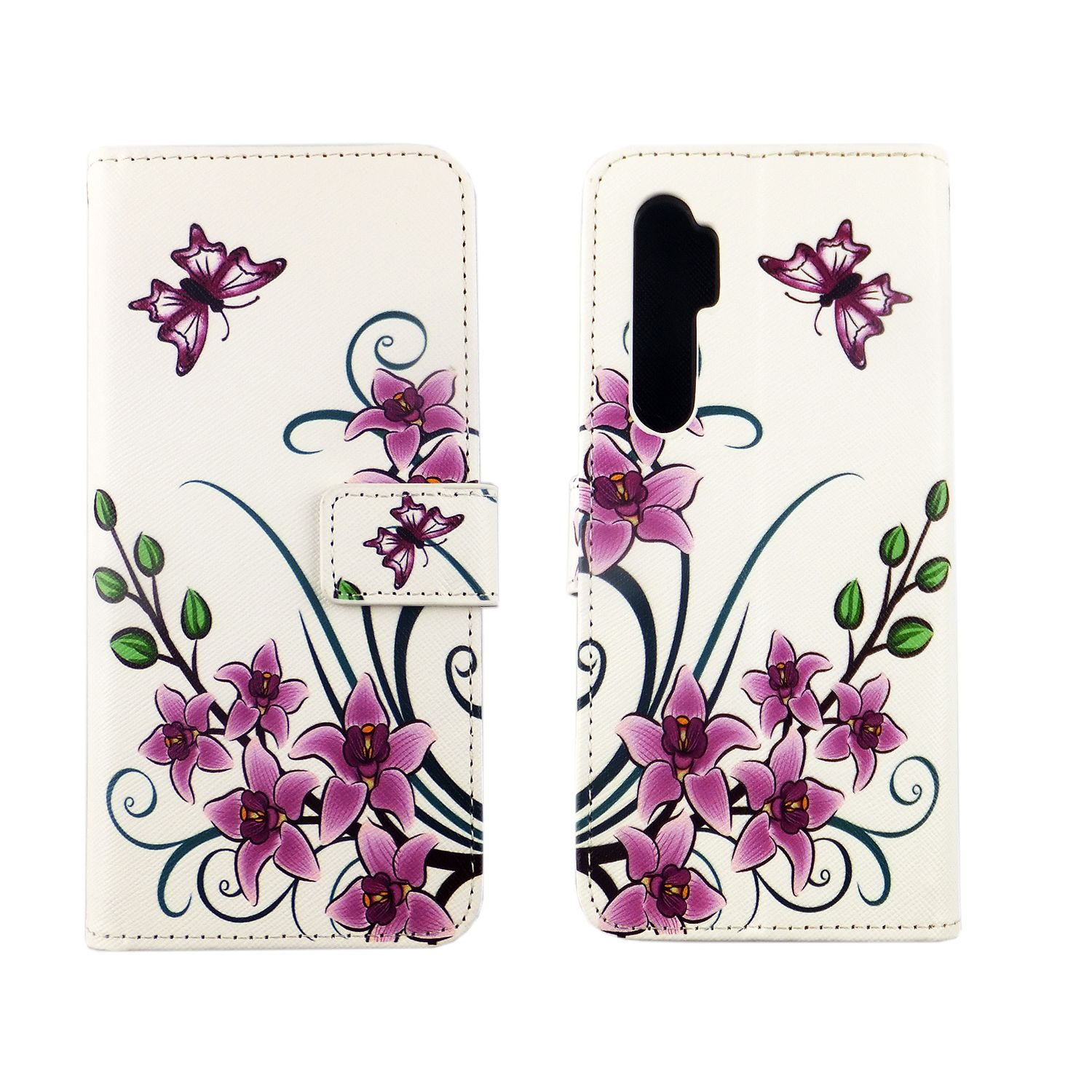 Weiße Handyhülle mit lila Blumen und Schmetterlingen.
