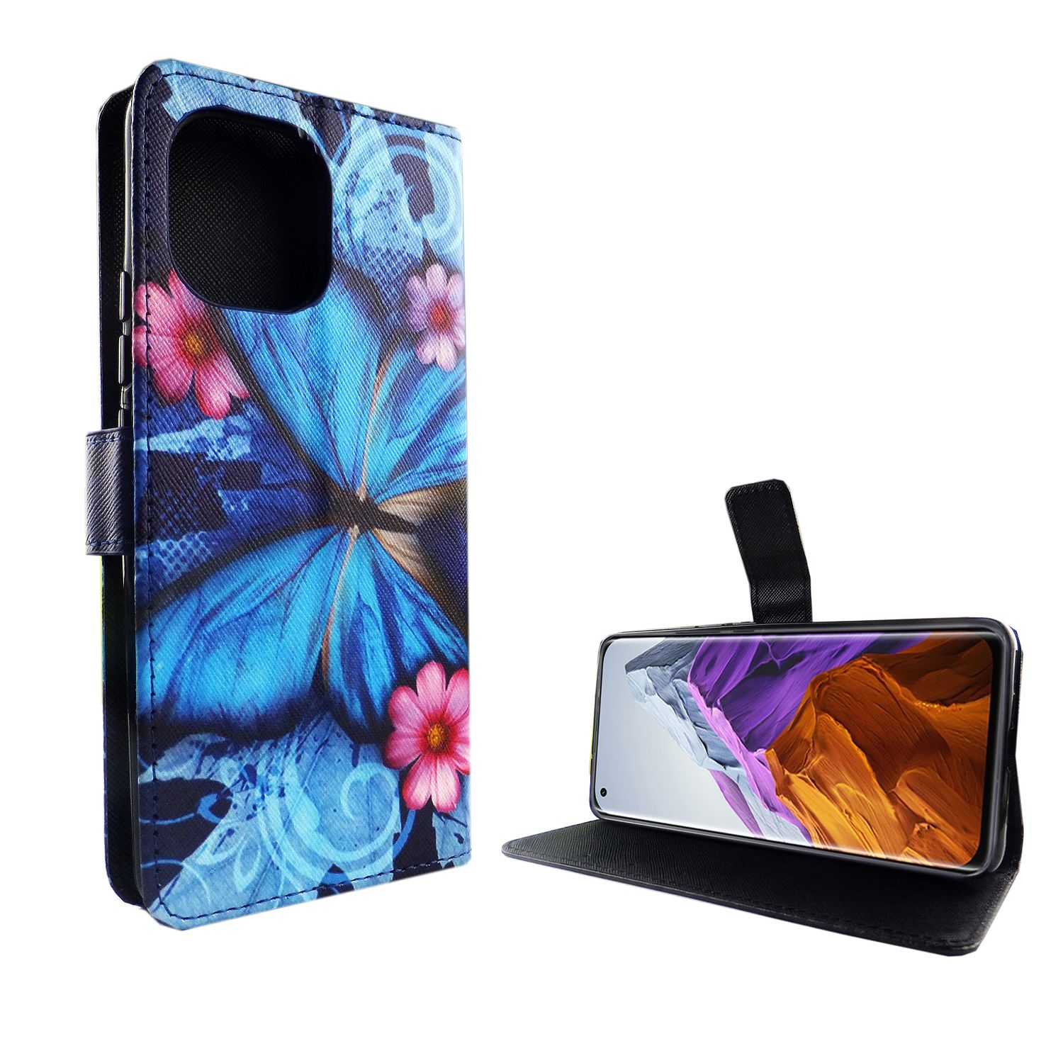 Telefonhülle mit Schmetterling- und Blumendesign, offen, zeigt den Bildschirm und Blumen.
