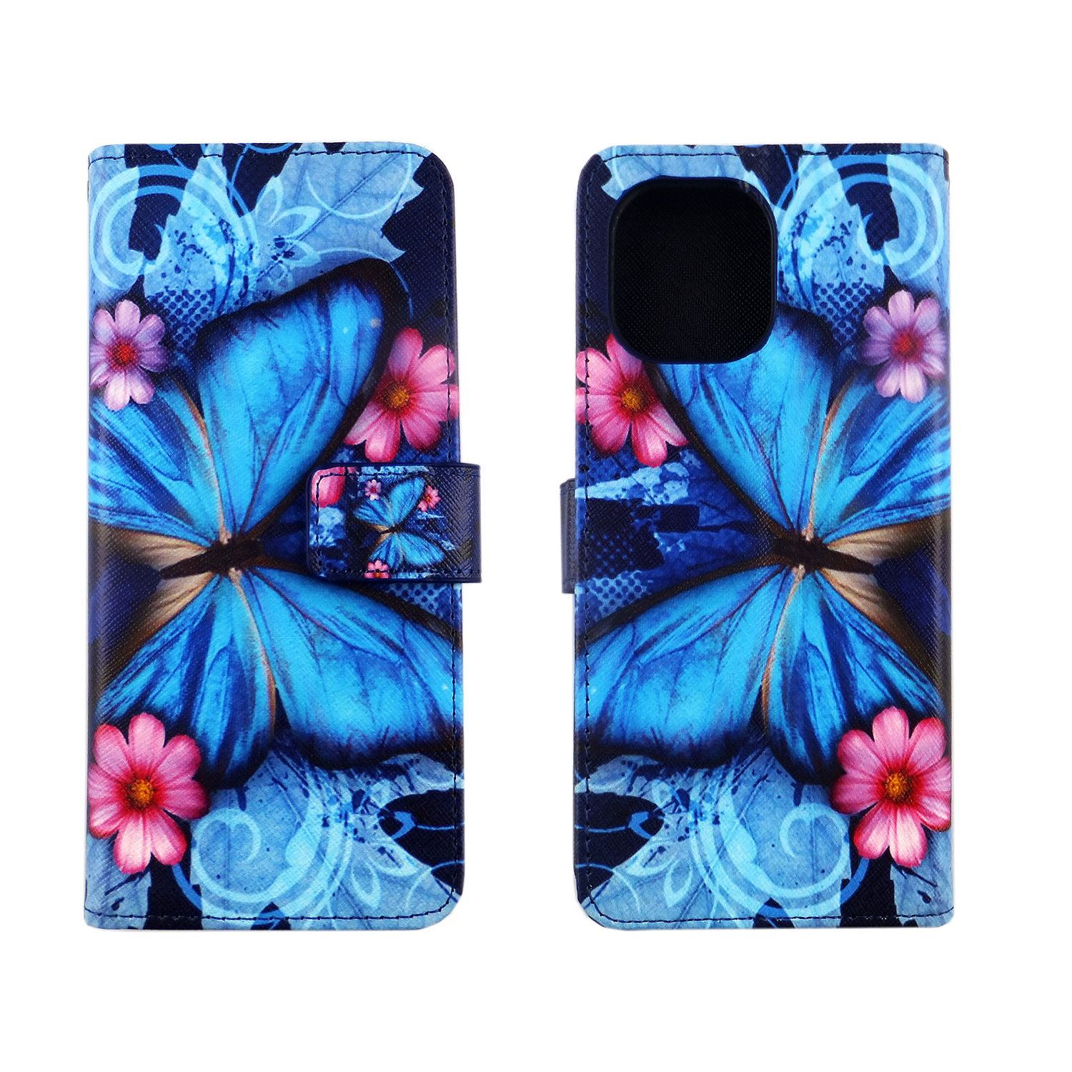 Handyhülle mit blauem Schmetterlingsdesign. Pinke Blumen im Hintergrund.