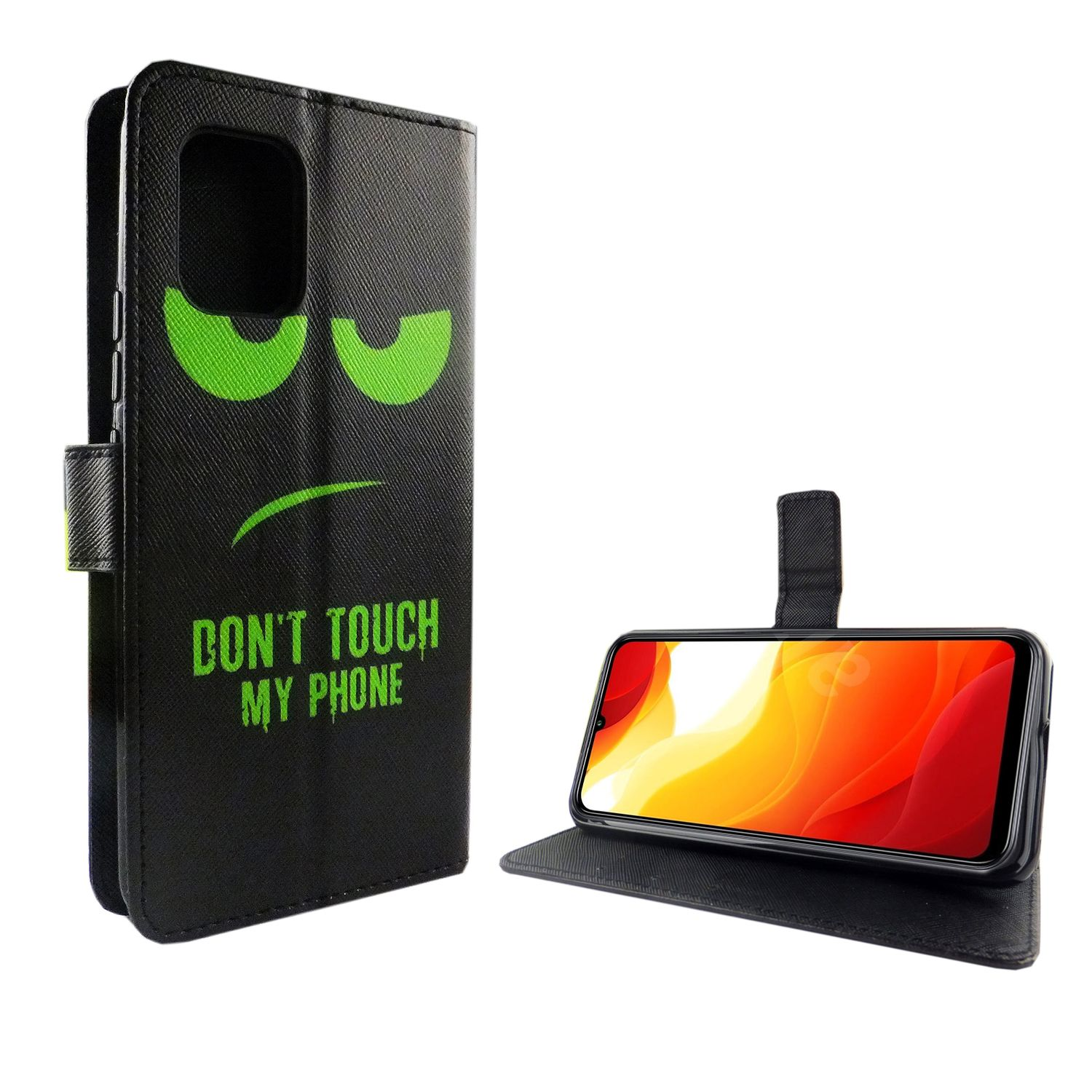 Schwarze Handyhülle mit grünem Text 'DON'T TOUCH MY PHONE'. Das Telefon ist in der geöffneten Hülle.