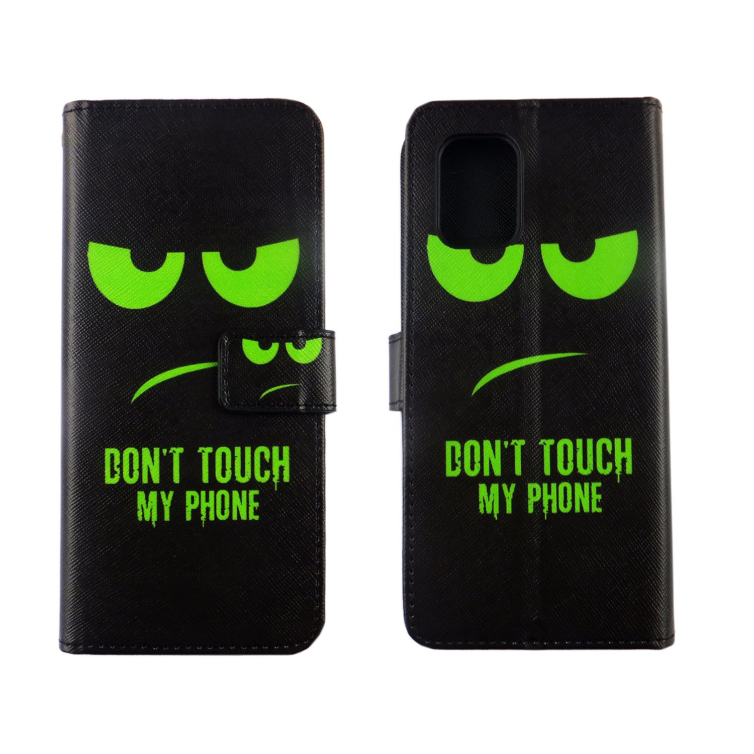 Zwei schwarze Handyhüllen mit grünem, wütendem Gesicht und dem Text: Don't Touch My Phone.