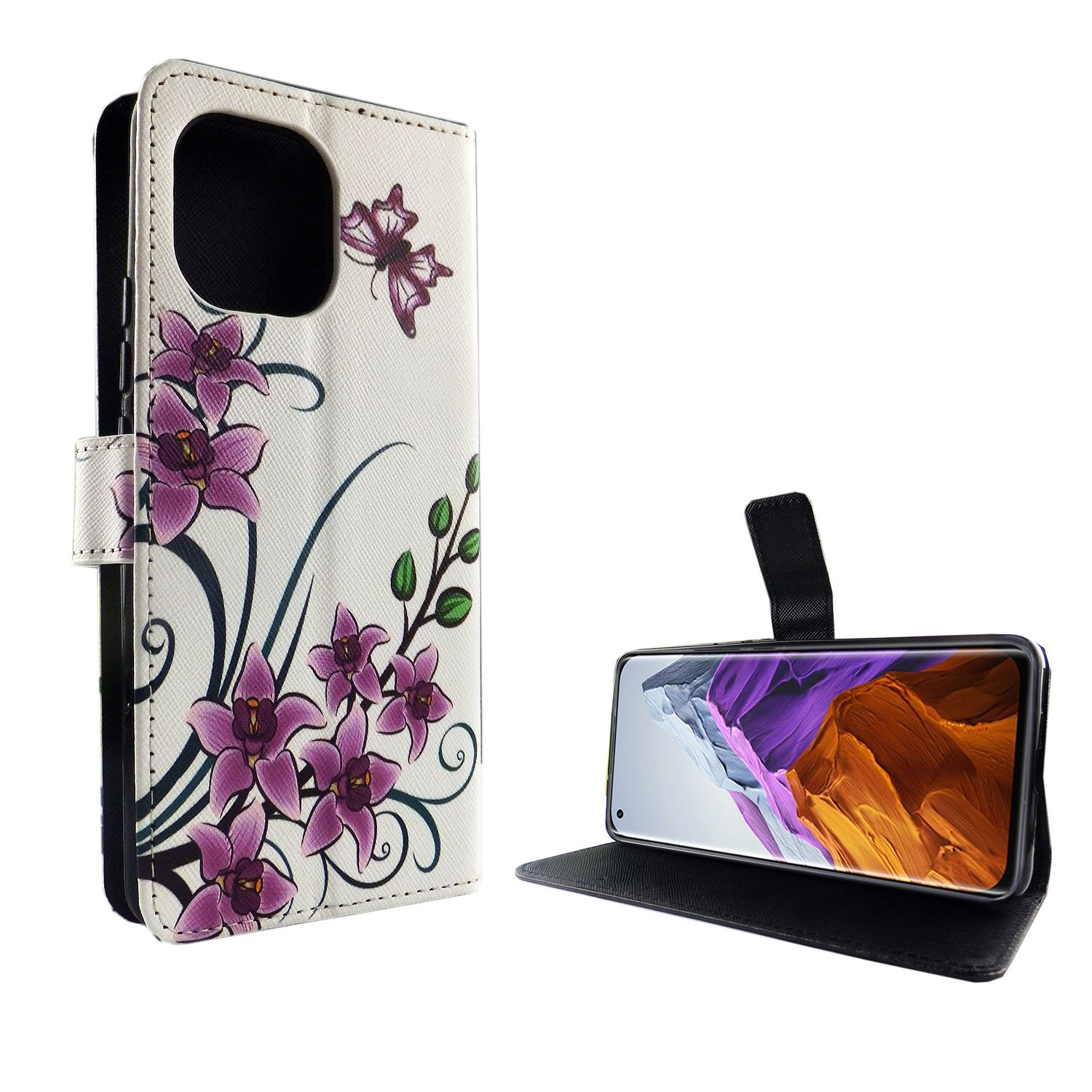 Telefon in einer Geldbörsenhülle mit lila Blumen und Schmetterlingsdesign. Schwarzer Innenraum.