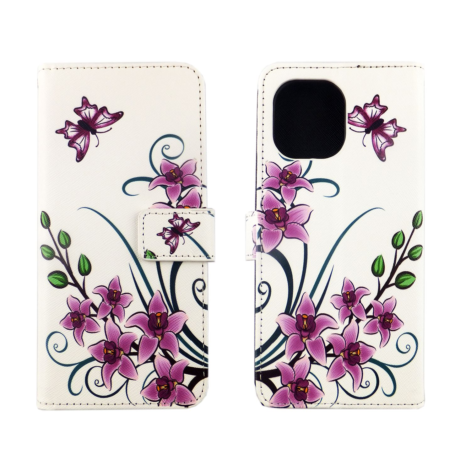 Weiße Handyhülle mit lila Blumendesign. Schmetterlinge und Wirbel auf weißem Hintergrund.