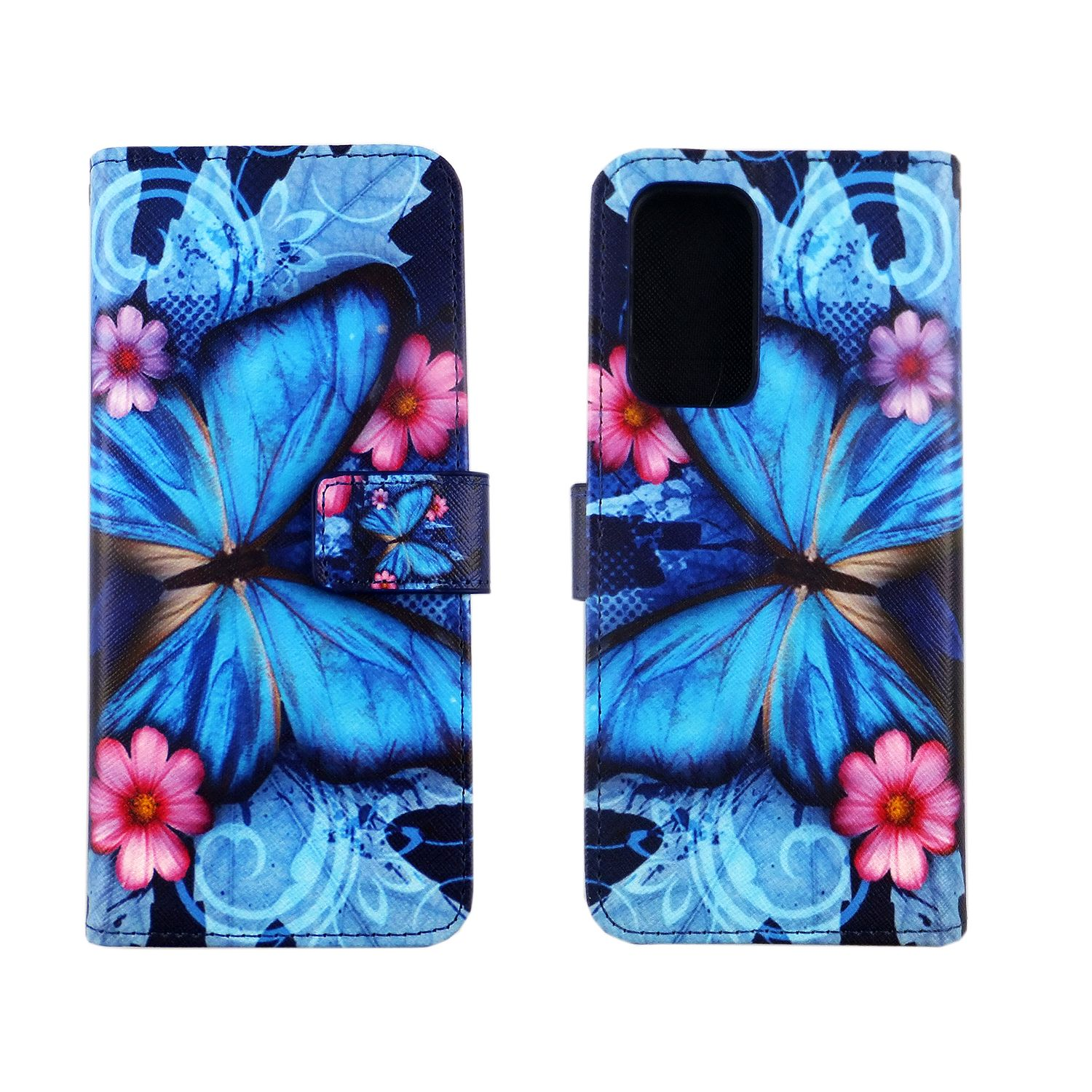 Blaue Handyhülle mit Schmetterlingsdesign. Geöffnet, zeigt Telefon und Karten. Rosa Blumen.