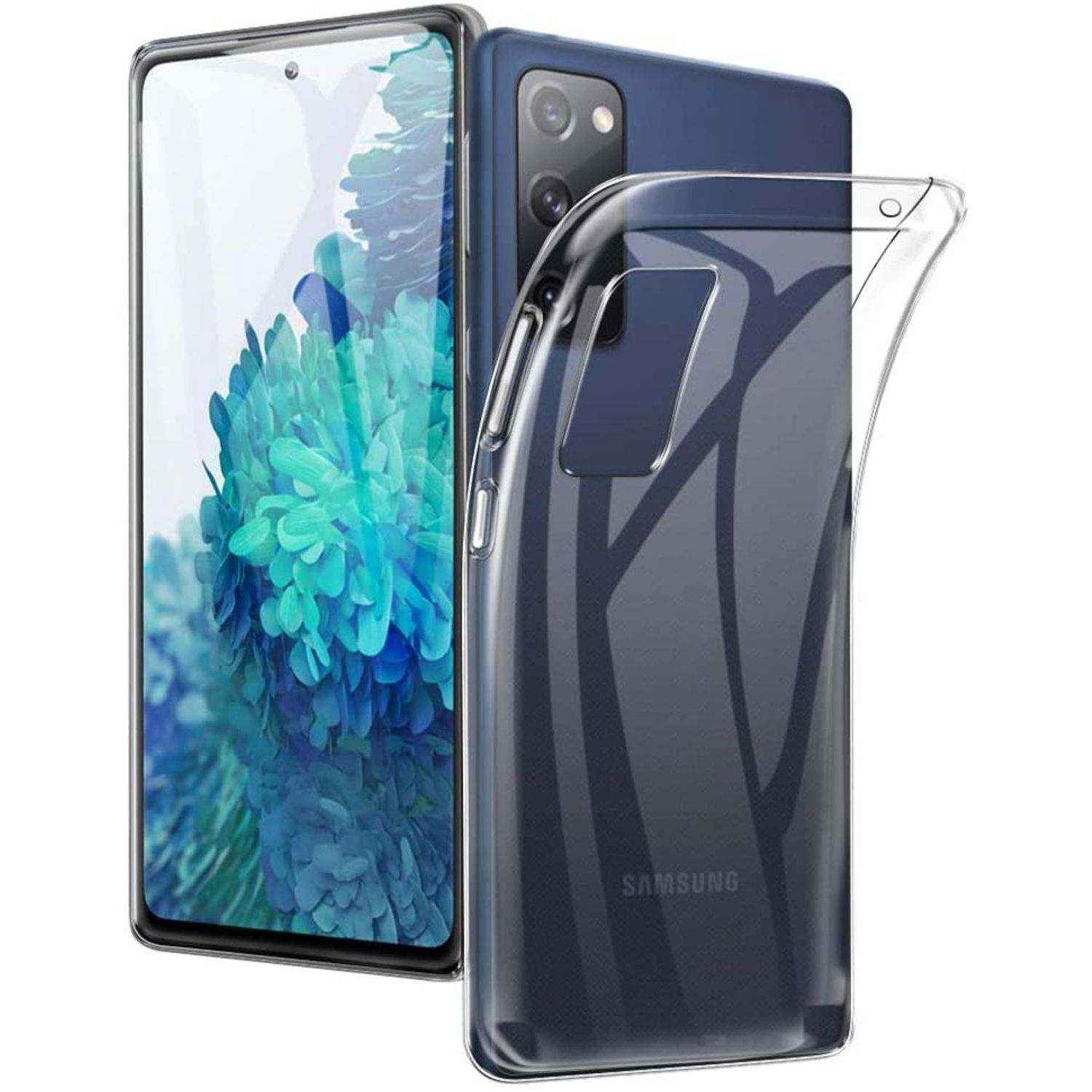 Handyhülle mit transparentem Design. Das Telefon befindet sich in der Hülle, neben einem anderen Telefon.