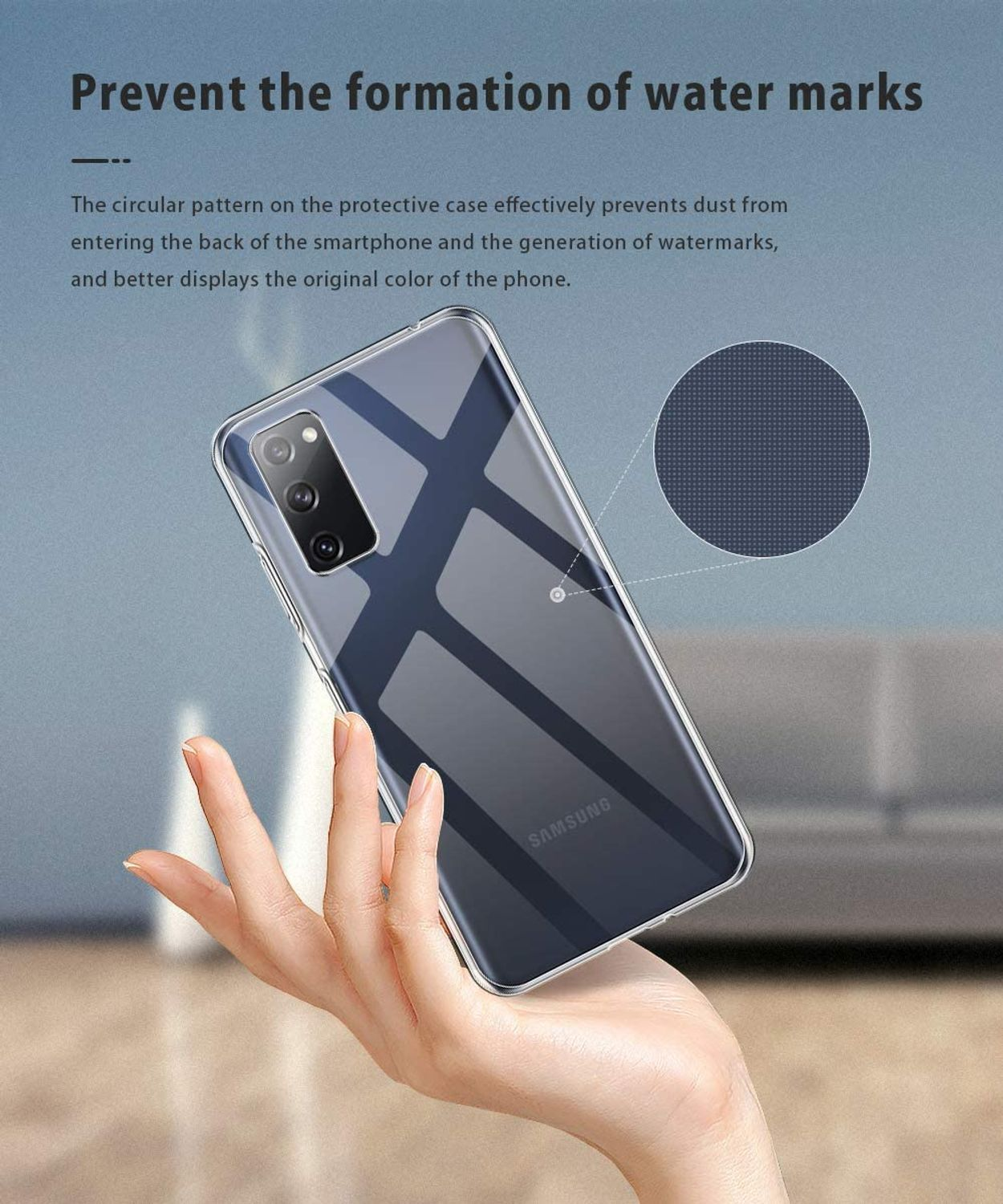 Smartphone mit klarer Hülle. Text erwähnt die Vermeidung von Wasserflecken.