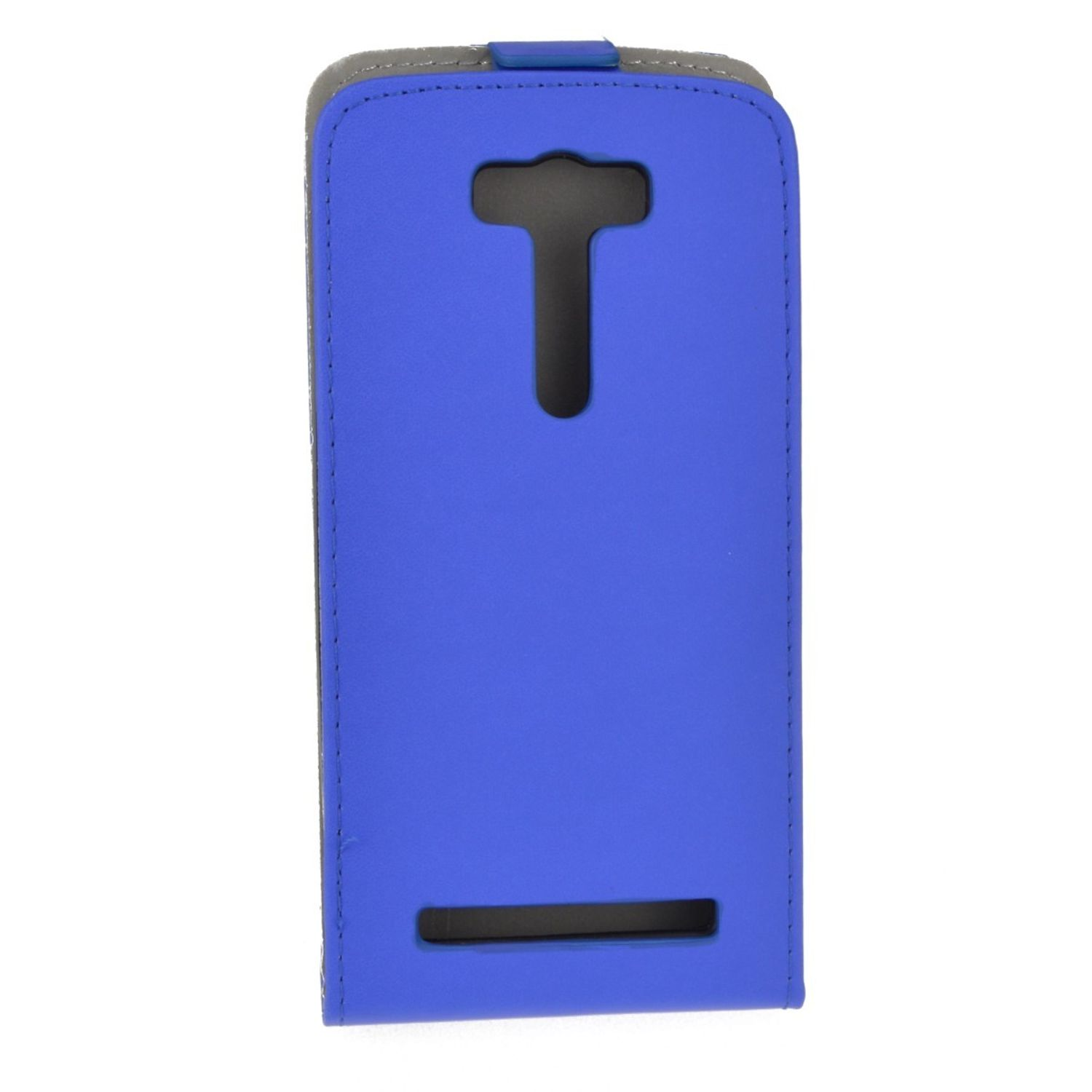 Blaue Handyhülle mit grauem und blauem Innenraum.