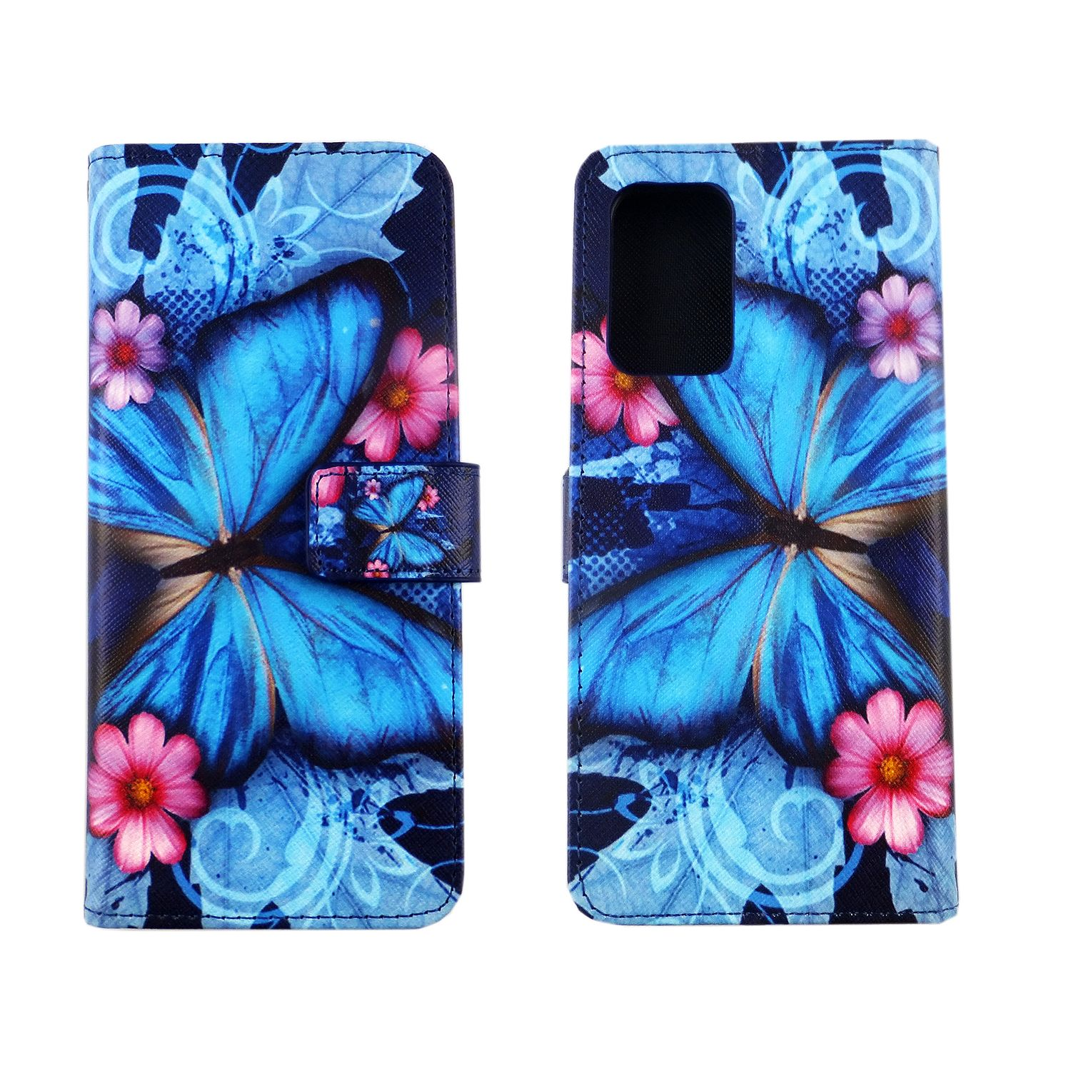 Eine Handyhülle mit blauem Schmetterlingsdesign, geöffnet, zeigt den Telefonbildschirm. Es gibt rosa Blumen.