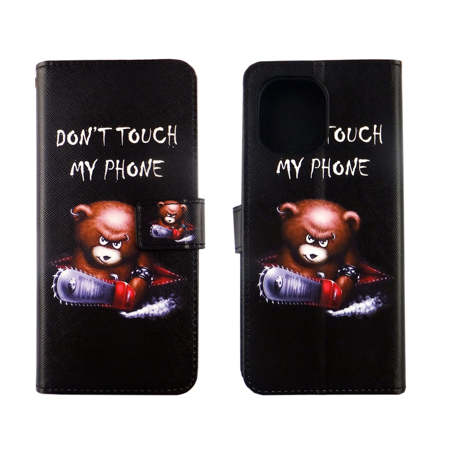 Schwarze Handyhülle mit wütendem Bär-Design. Text: Berühr mein Handy nicht.