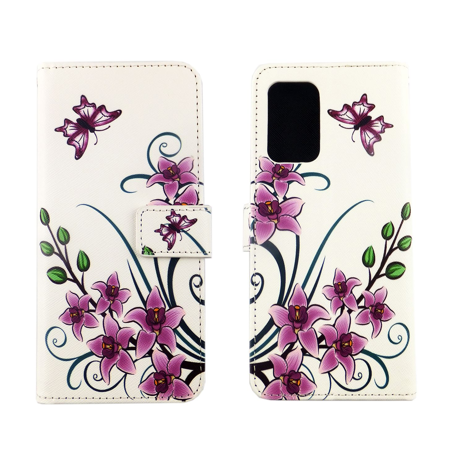Weiße Handyhülle mit lila Blumen und Schmetterlingen. Links geöffnet, rechts geschlossen.