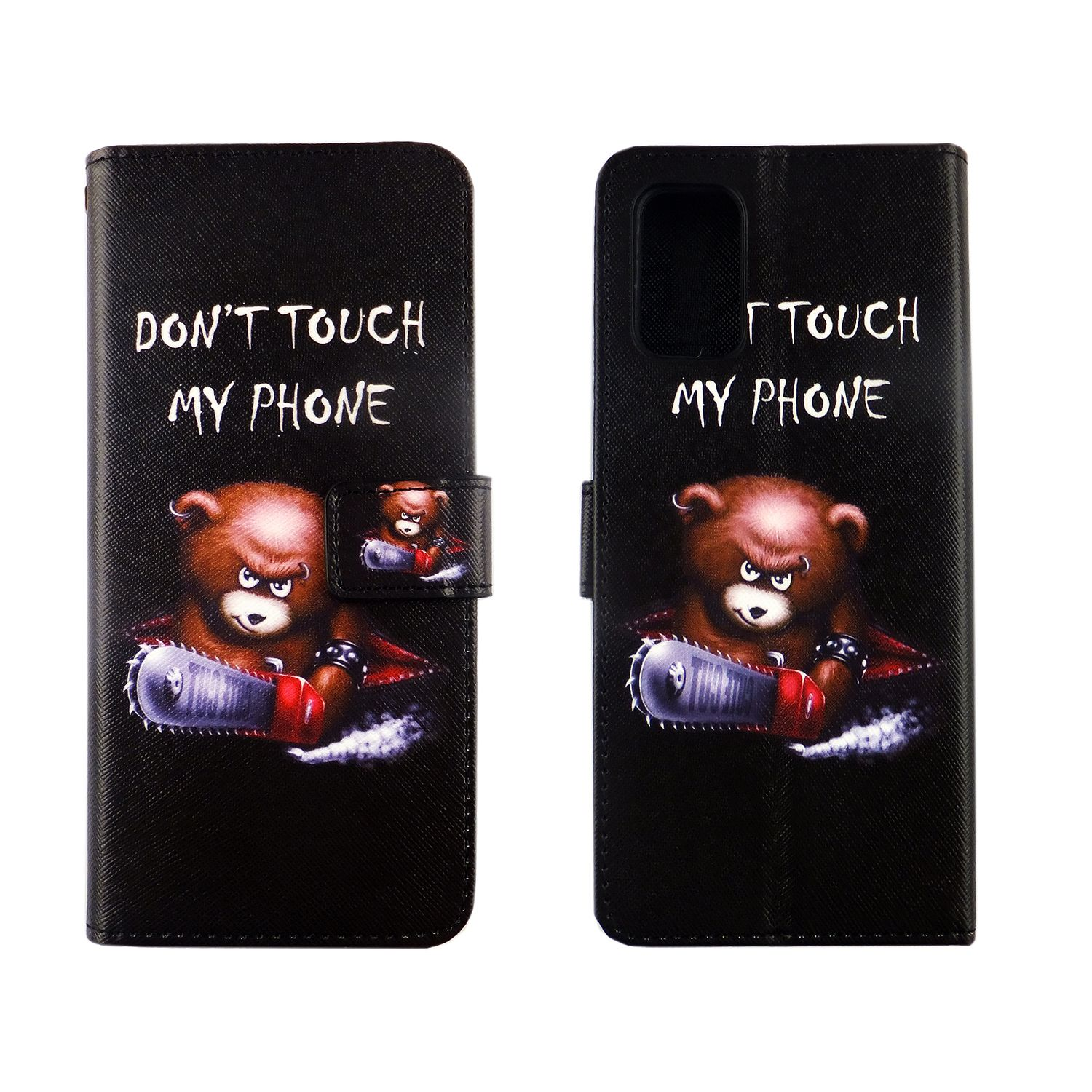 Eine schwarze Handyhülle mit einem Bären, der eine Kettensäge hält. Text: 'DON'T TOUCH MY PHONE'.