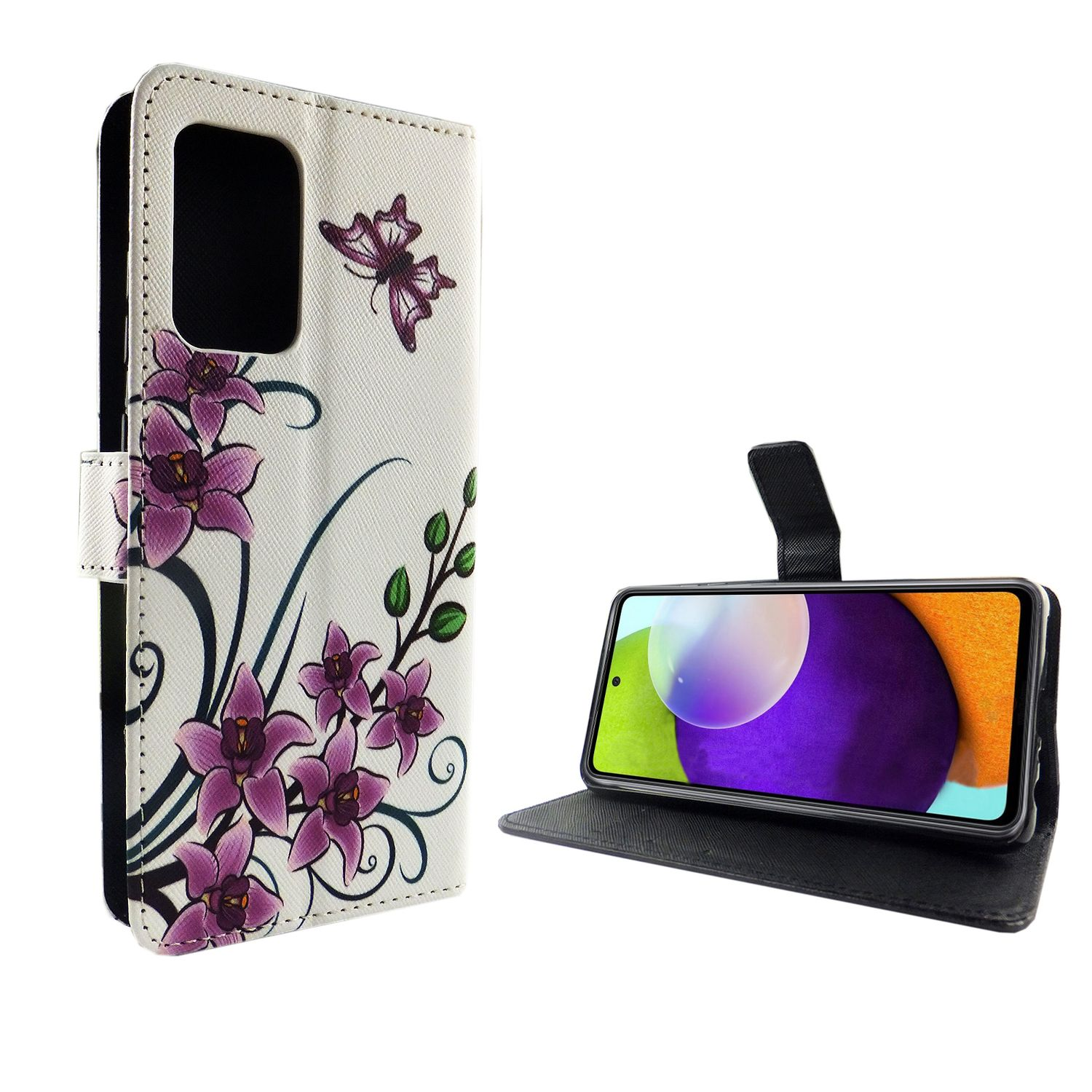 Weiße Handyhülle mit Blumendesign und geöffnetem Telefon mit Bildschirm.