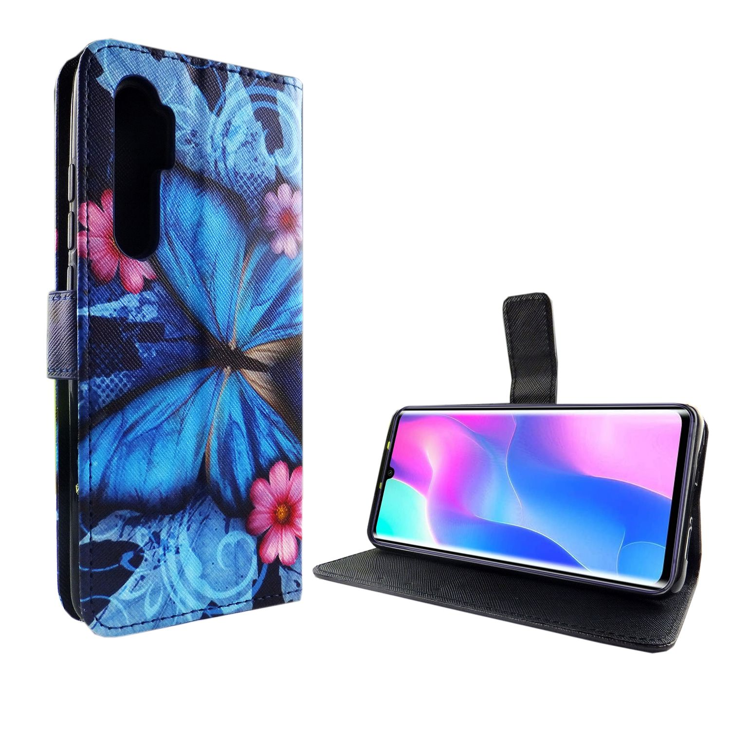 Telefon in blauer Schmetterlingshülle, offen. Telefon ist aufgestellt. Weißer Hintergrund.