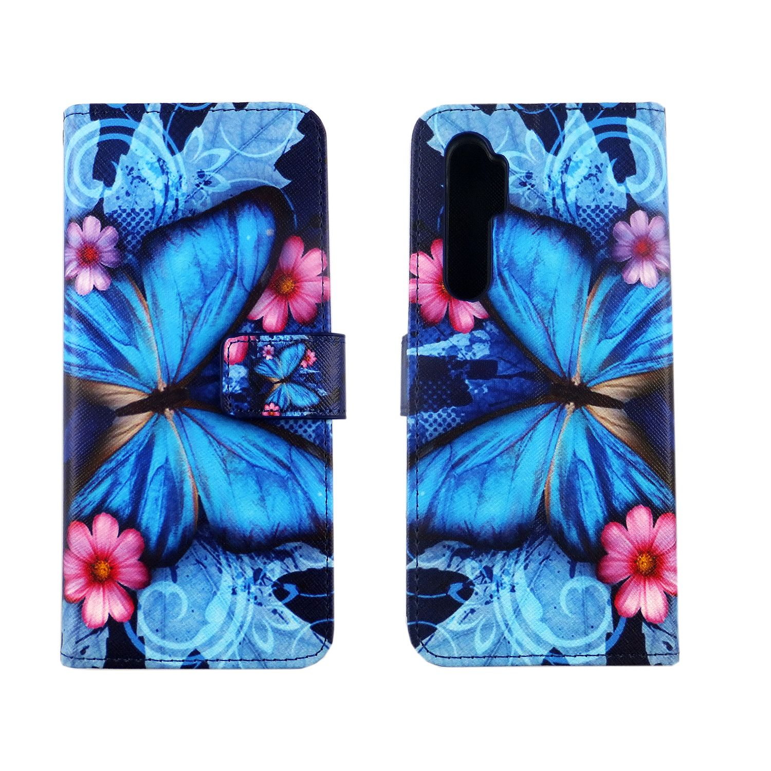 Blaues Handy-Design mit Schmetterlingen. Die Hülle ist offen und zeigt das Muster.