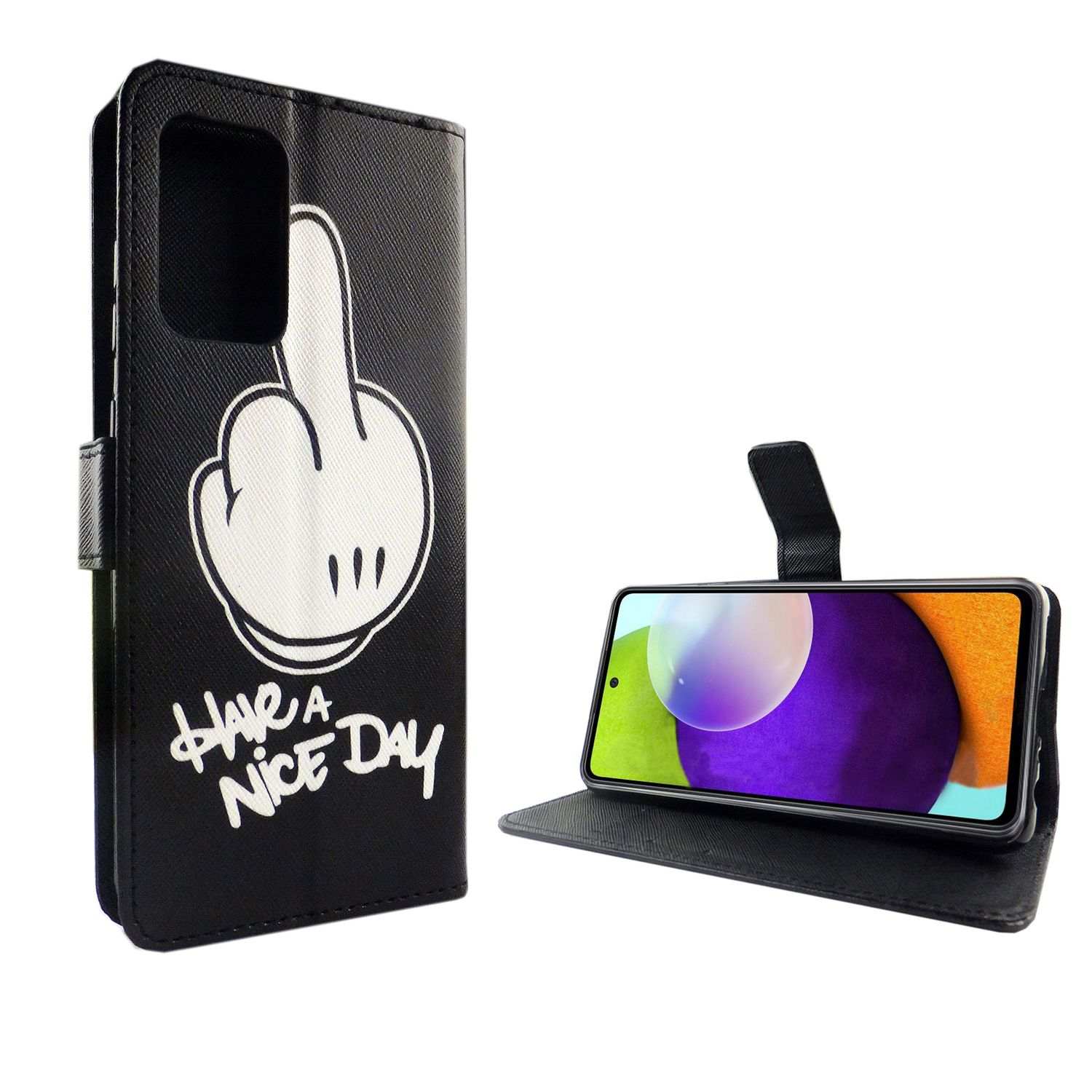 Schwarze Handyhülle mit Handgeste, mit Telefon auf weißem Hintergrund.