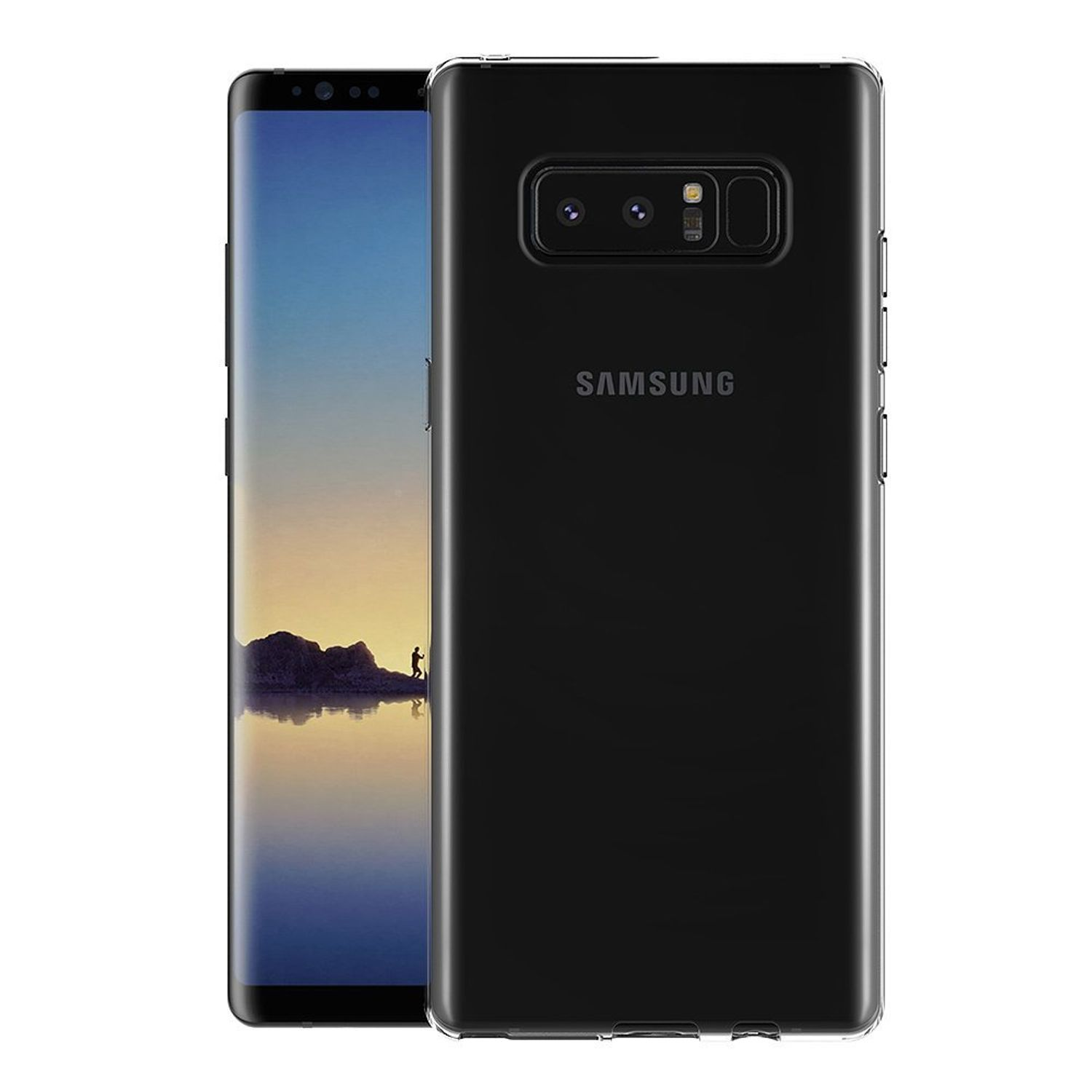Schwarzes Samsung-Handy mit transparentem Case. Weißer Hintergrund.