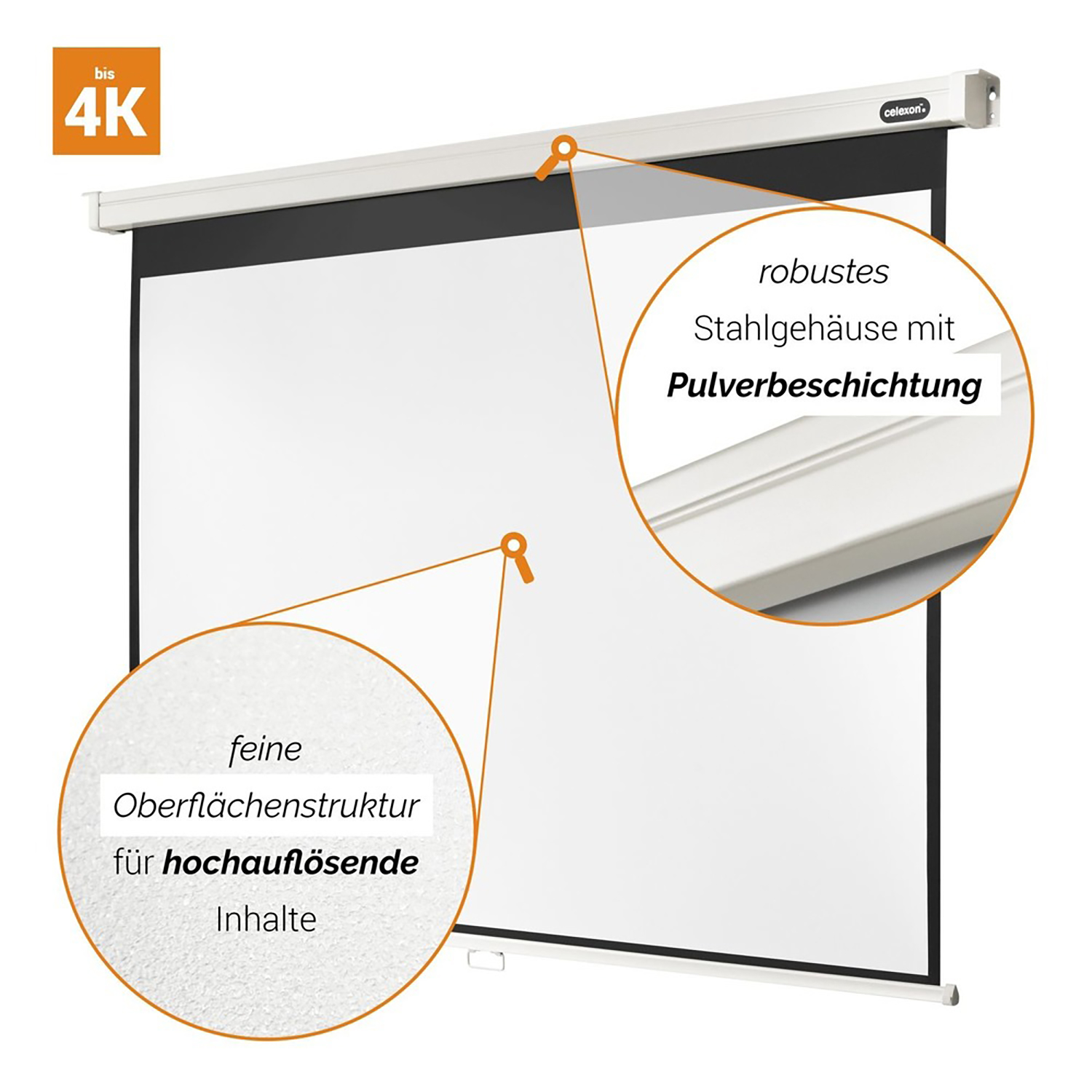 Weiße Projektionsleinwand mit Text, '4K' und Nahaufnahmen des Bildschirms und Rahmens.