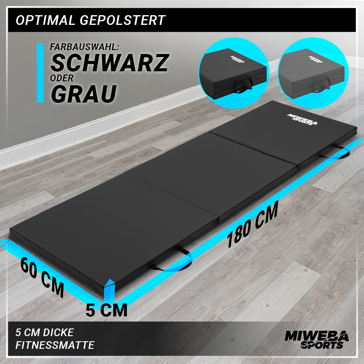 Eine schwarze Fitnessmatte auf einem Holzboden, mit Abmessungen und Textbeschriftungen.