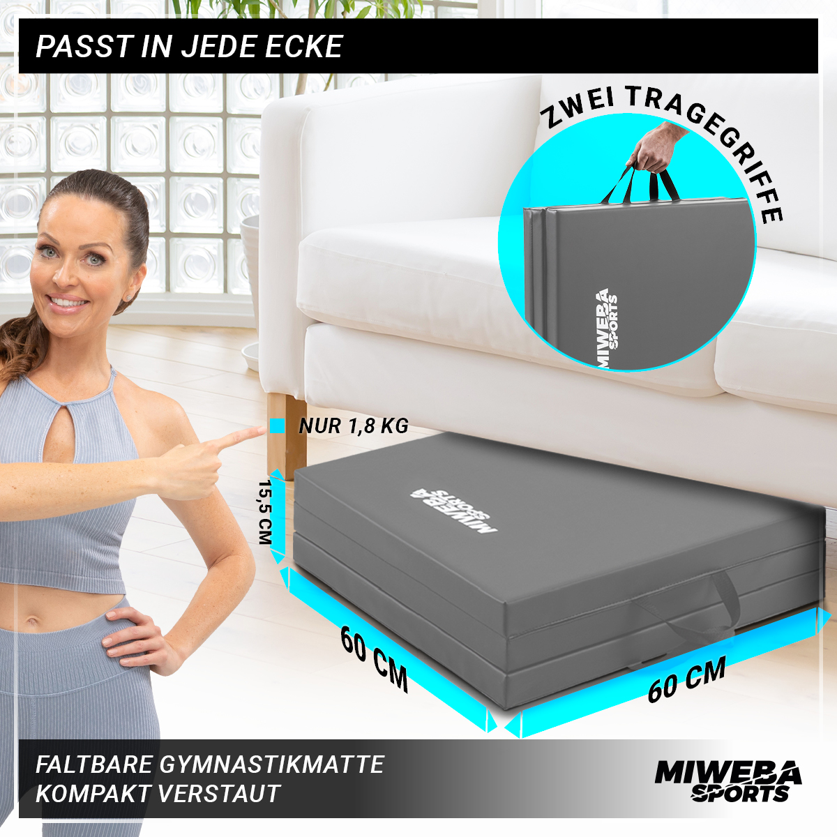 Gefaltete graue Gymnastikmatte, Frau zeigt darauf.