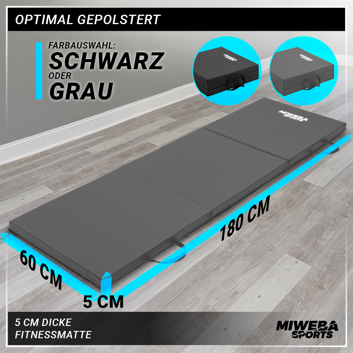 Graue Fitnessmatte mit Maßangaben und Text. Schwarze und graue Matten gezeigt. Hintergrund aus Holzfußboden.