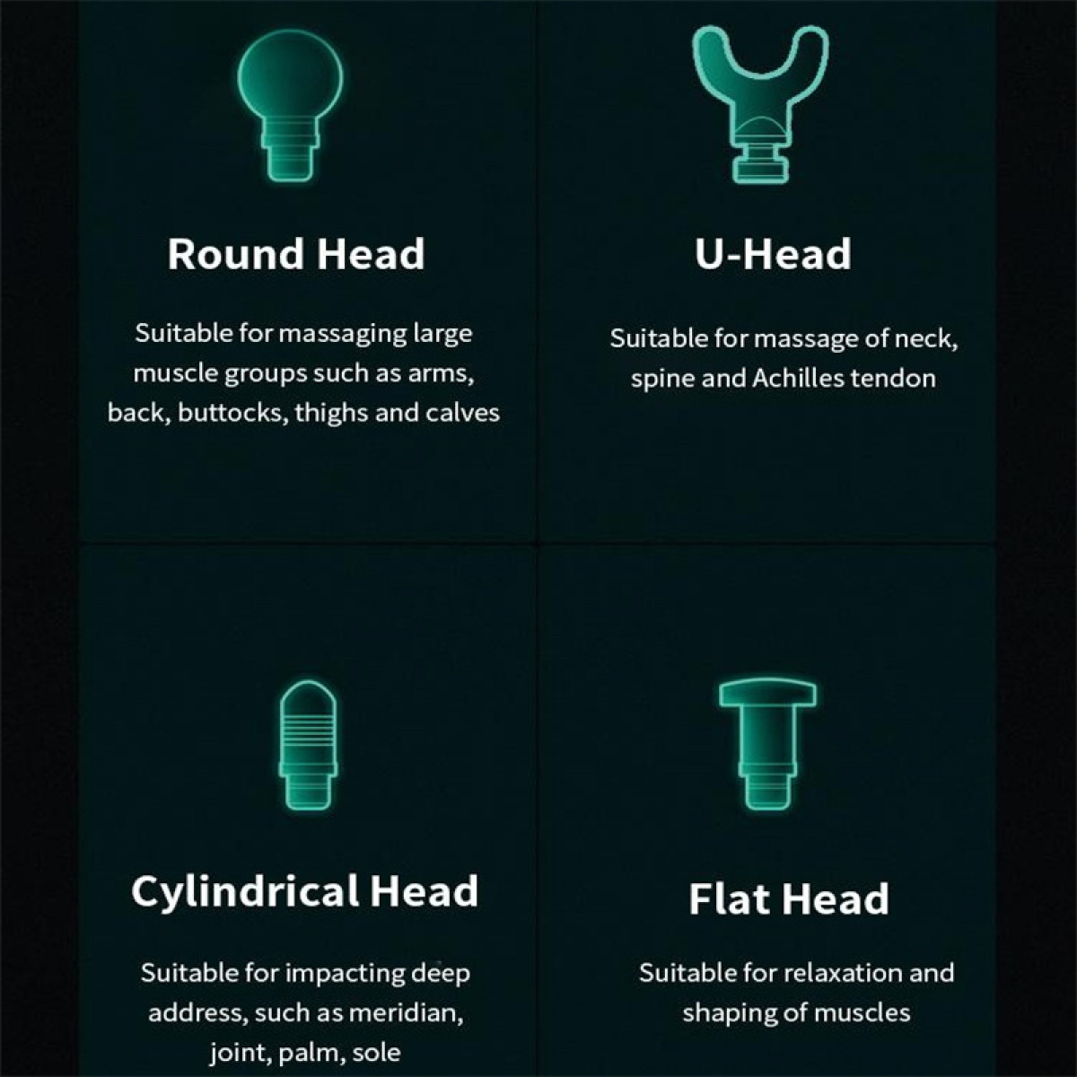 Schemat przedstawiający różne głowice do masażu: okrągłą, w kształcie litery U, cylindryczną i płaską, z ich zastosowaniami.