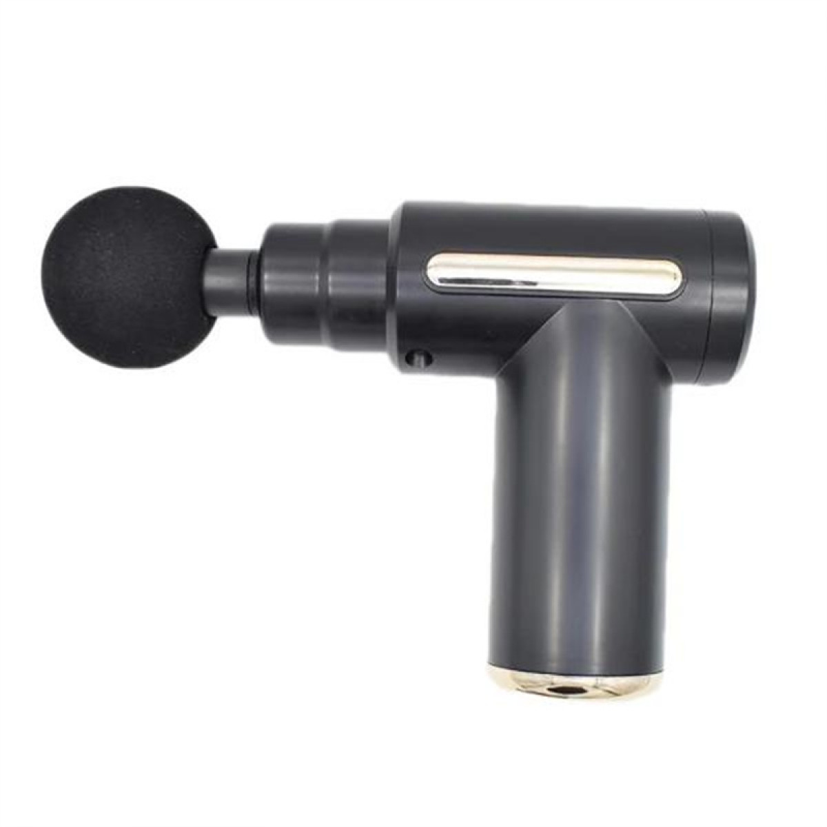 Czarny pistolet do masażu z okrągłą głowicą. Na białym tle.