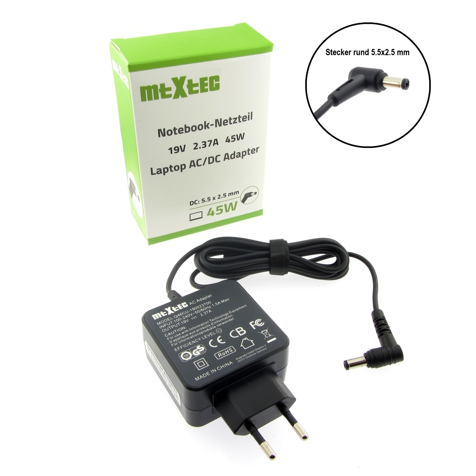 MTXTEC Netzteil, 19V, 2.37A Watt rund F551, 5.5 mm für 2.5 Stecker ASUS x Notebook-Netzteil 45