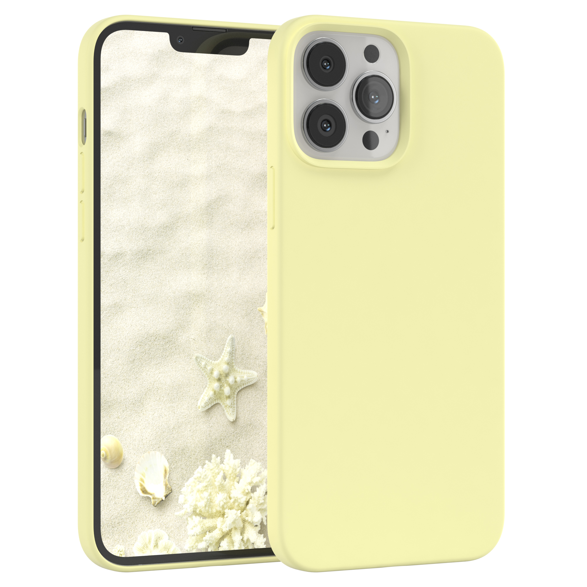 Gelbe Handyhülle mit Telefon, das eine Strandszene mit Seesternen und Muscheln zeigt.