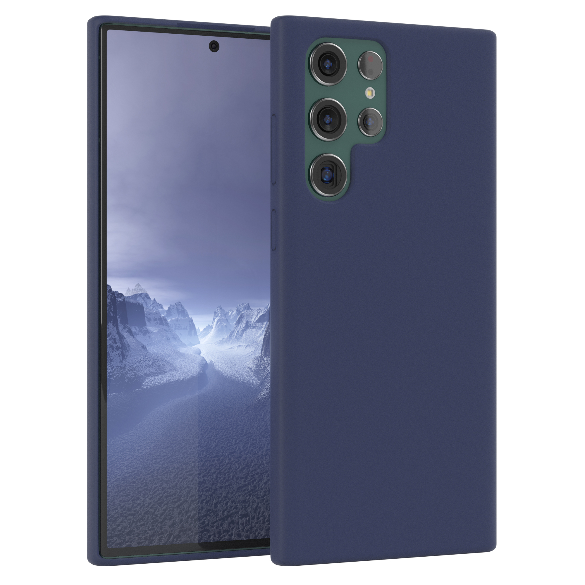Blaues Telefon mit marineblauer Hülle. Drei Kameras hinten.