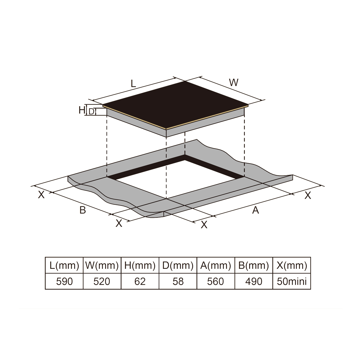 Diagramm eines schwarzen Kochfelds mit Maßen und weißem Hintergrund.
