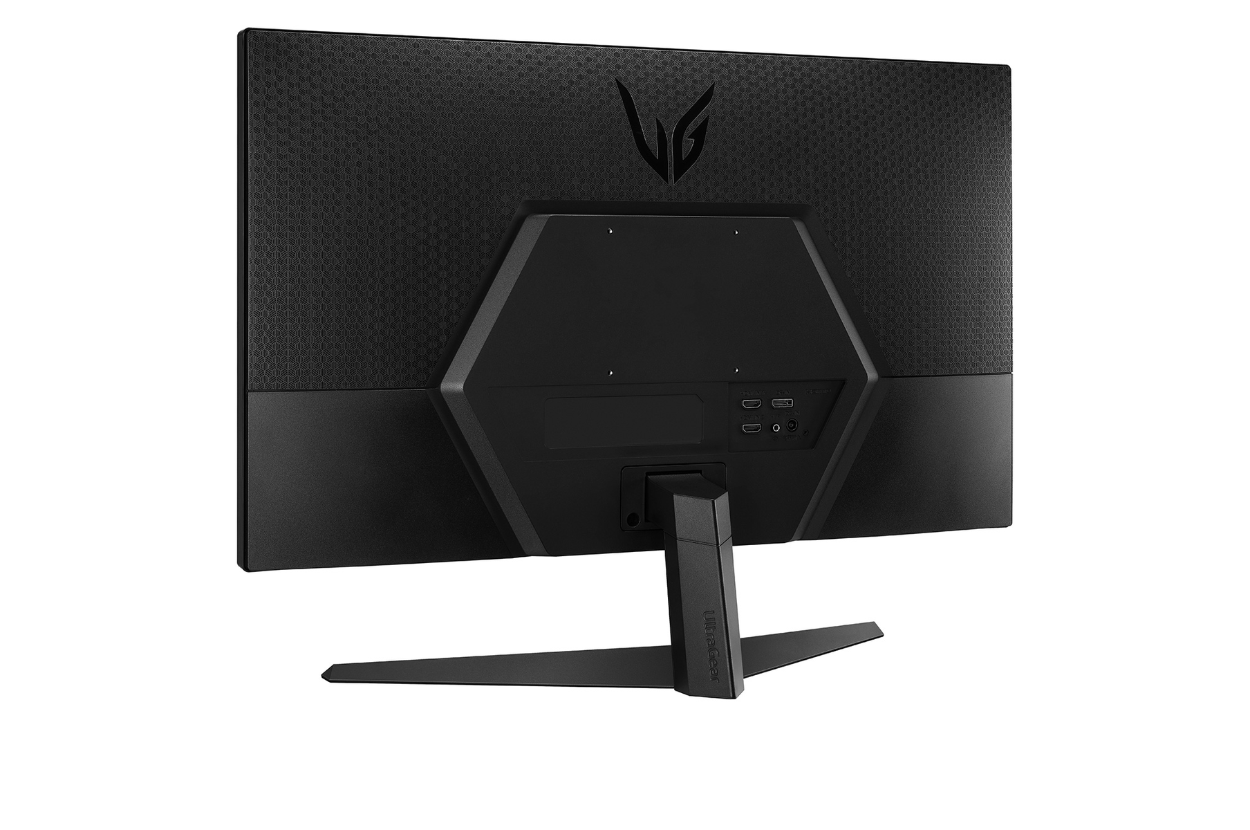 Schwarze Monitorrückseite mit Anschlüssen und Ständer. Weißer Hintergrund.