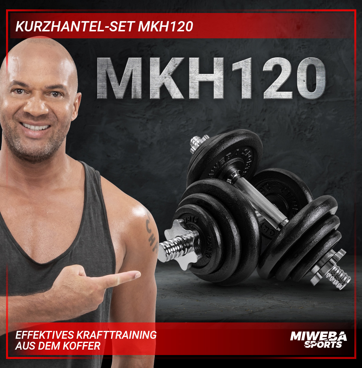 Mann zeigt auf Hanteln, Text: MKH120, Kurzhantel-Set und Effekives Krafttraining.