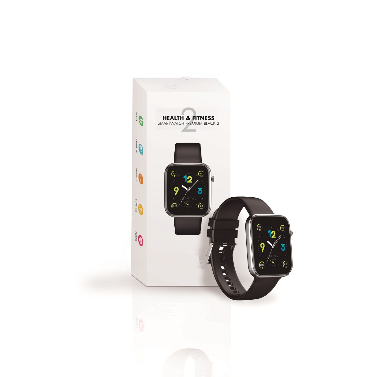 Uno smartwatch con cinturino nero e una scatola bianca con un'immagine dell'orologio.