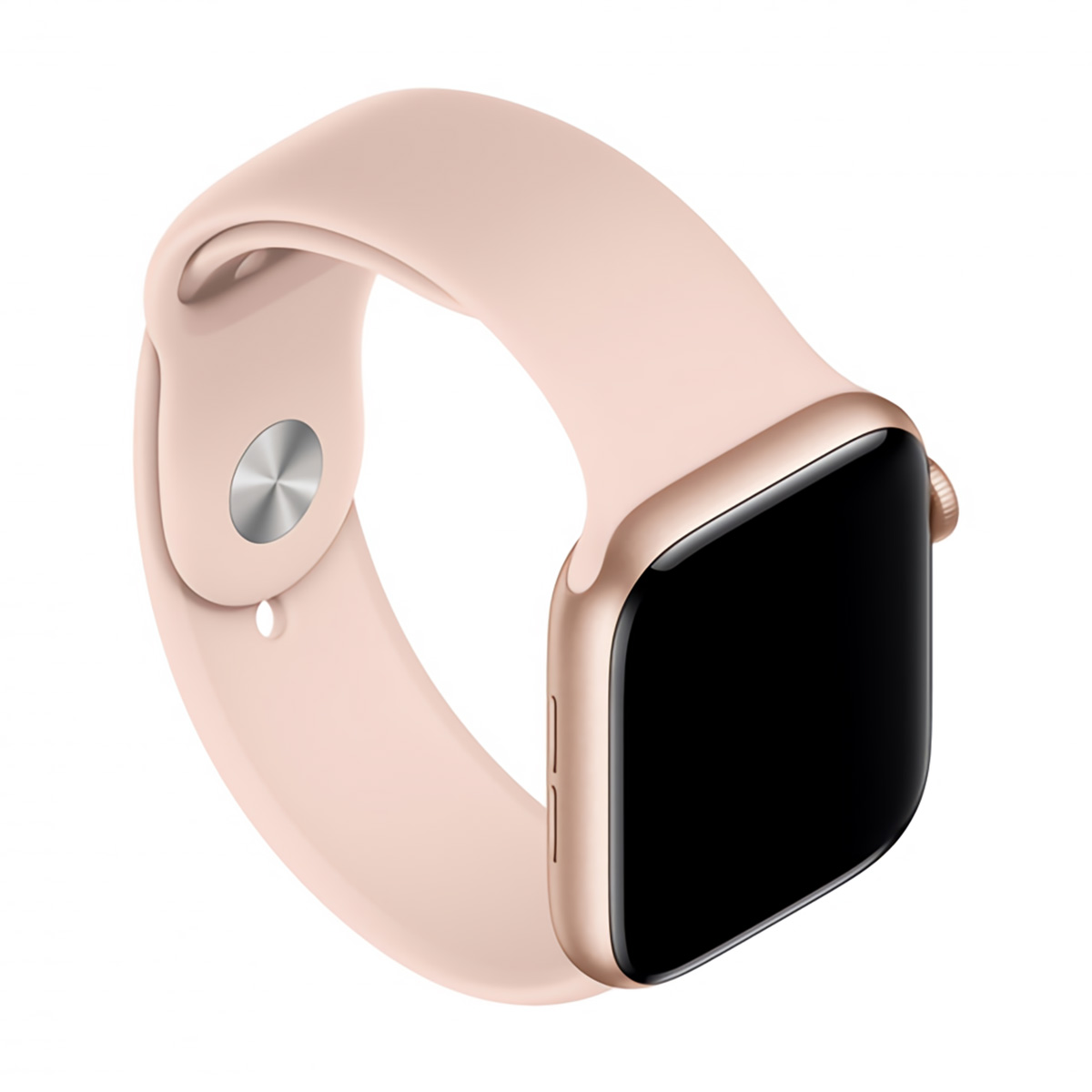 Smartwatch rosa con caja y correa doradas.