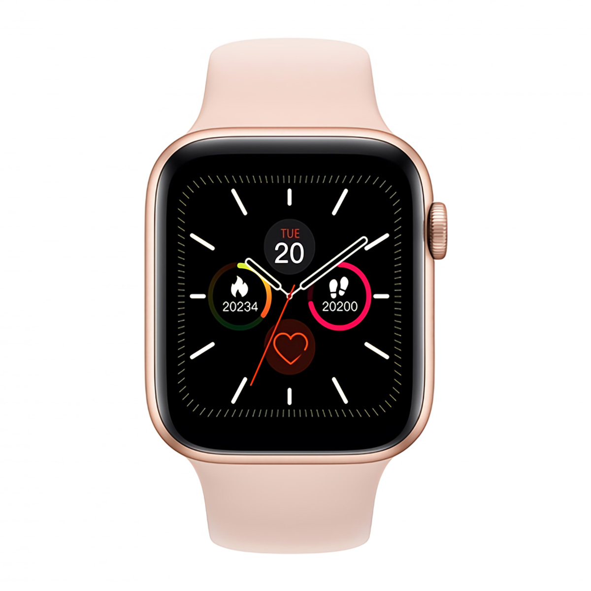 Smartwatch con pantalla de aplicación de fitness, mostrando ritmo cardíaco, pasos y hora. Correa rosa.