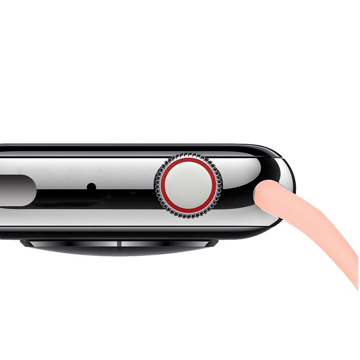 Apple Watch plateado, vista lateral, con botón rojo y correa rosa.
