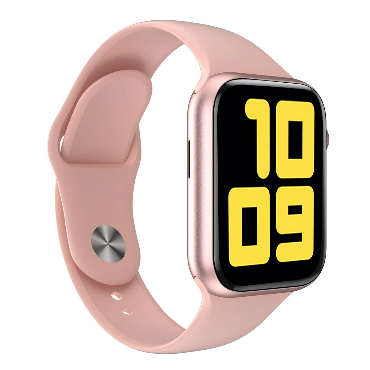 Reloj inteligente rosa con pantalla curva y correa rosa. La pantalla muestra la hora.