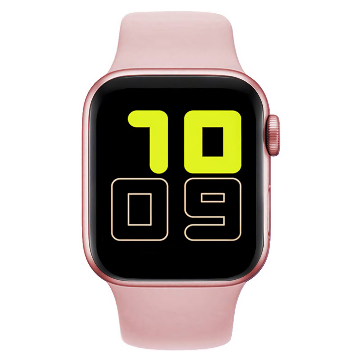 Un smartwatch rosa dorado con pantalla negra que muestra la hora: 10:09.