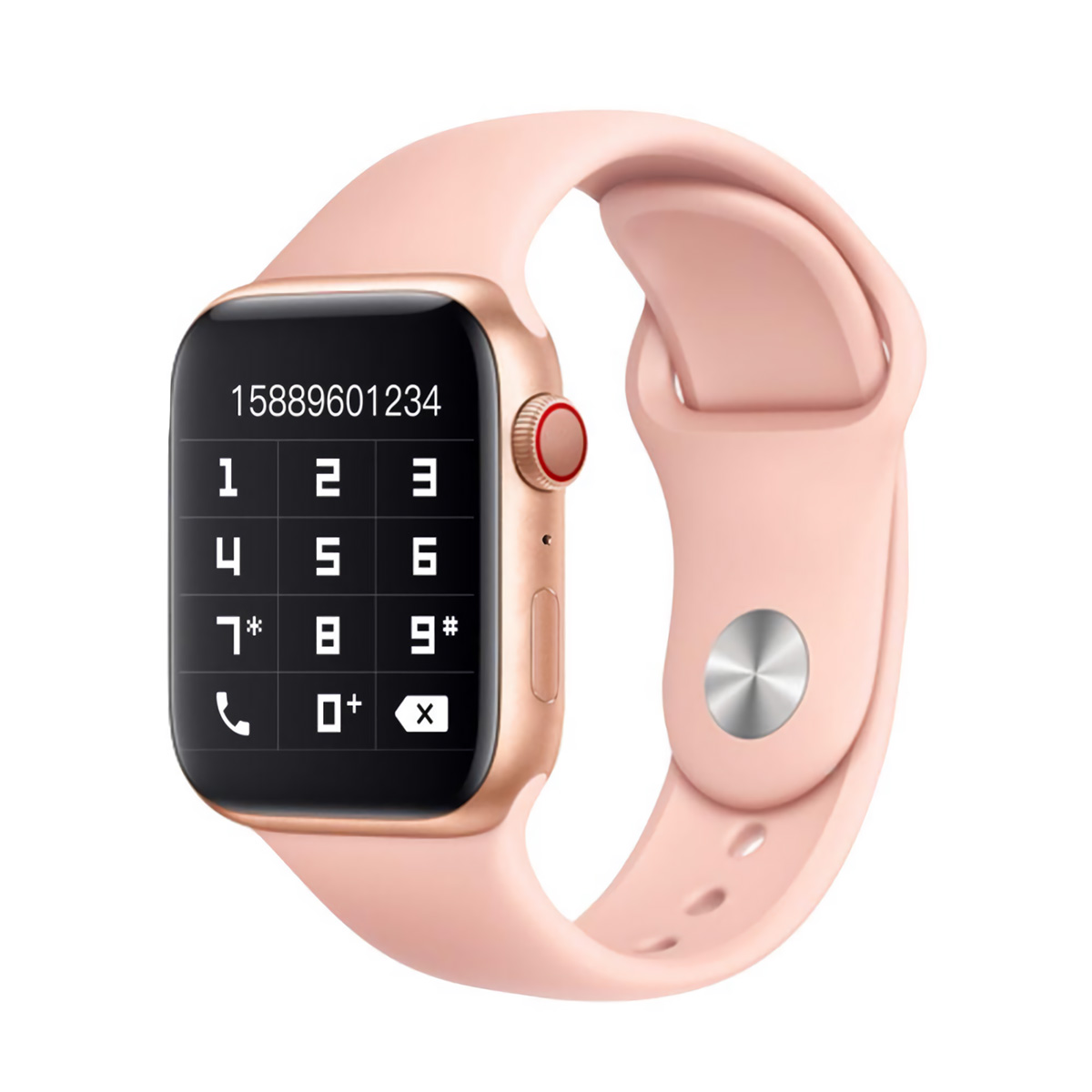 Un reloj inteligente rosa con pantalla de número de teléfono y correa rosa. Fondo blanco.