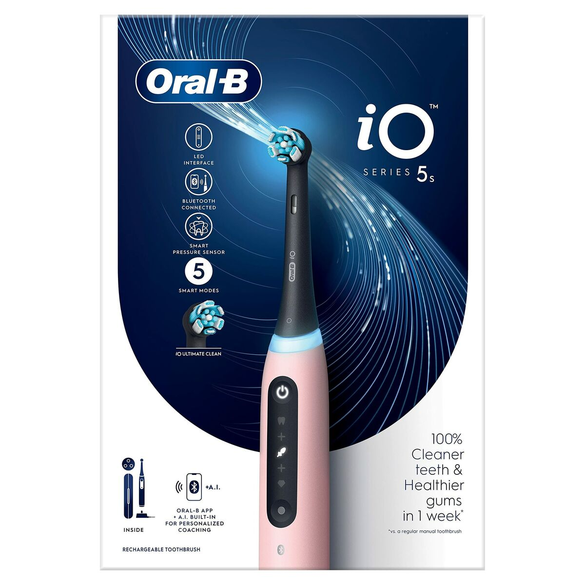 Spazzolino elettrico Oral-B iO Series 5s. Design rosa e nero, con base di ricarica e funzioni elencate.