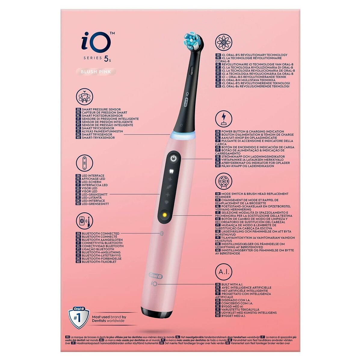 Spazzolino elettrico rosa con vari dettagli e un diagramma di testo.